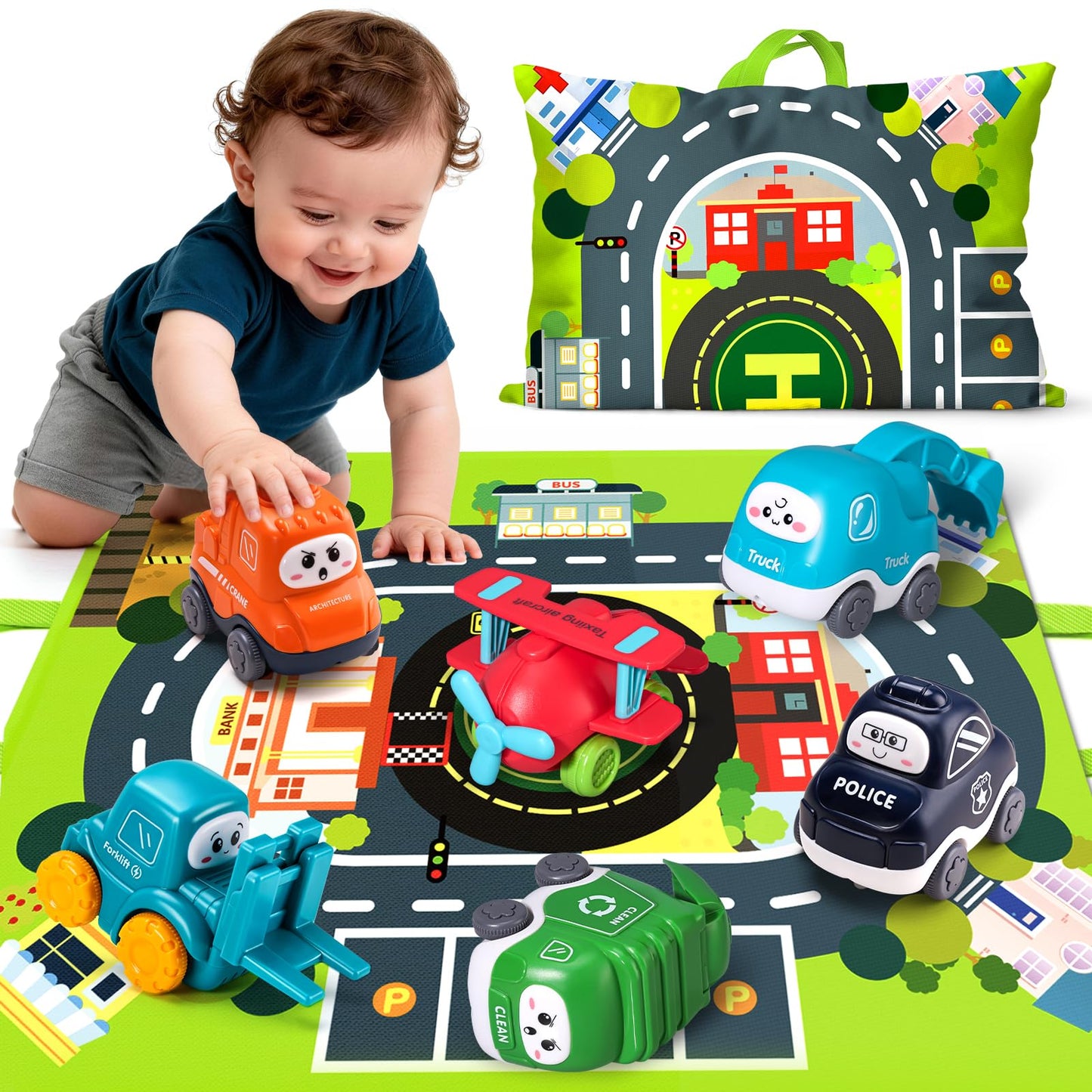 Big Cartoon Truck Car Toys for 1 Year Old Boy with Playmat/Storage Bag|Baby and Toddler Toys 12-18 Months & Age 1-2|1st Birthday Gift for Baby Toys 1 Year Old
