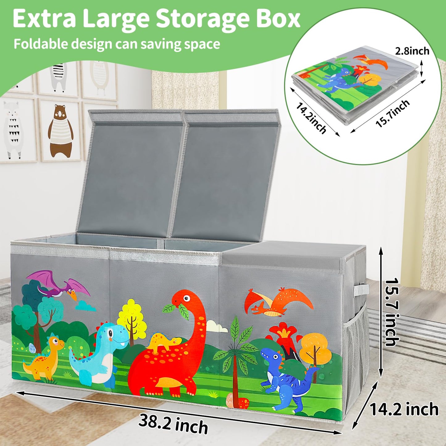 KORVAX Extra Large Toy Box Chest with Lids, Collapsible Toy Storage Organizer for Kids, Dinosaur Toy Bin Box for Toddlers Boys Girls, Toy Organizer for Living Room Nursery Playroom Bedroom Home Grey