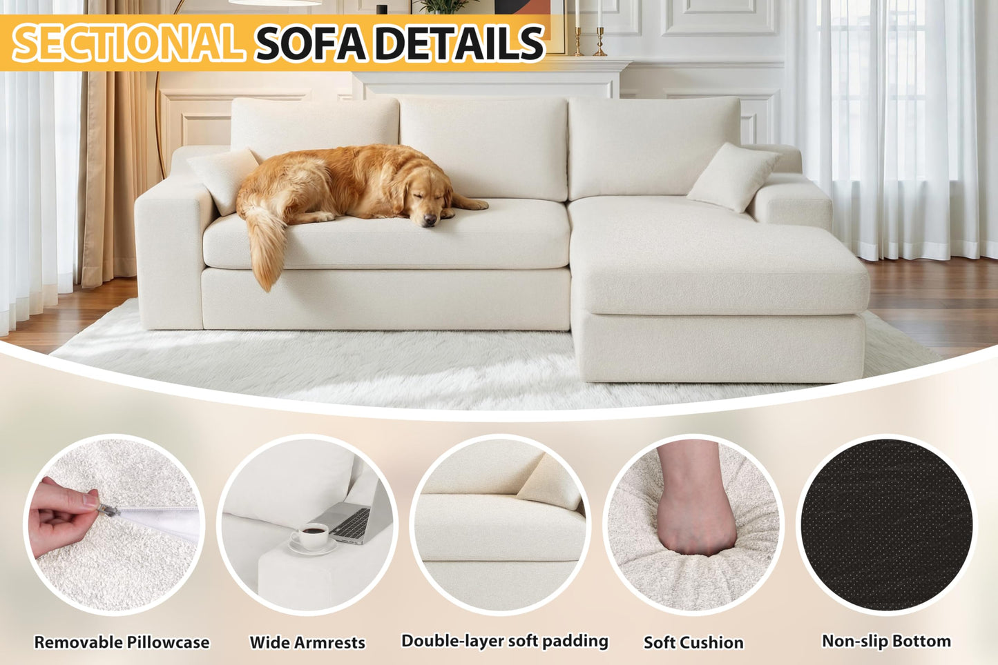 HABUTWAY 101'' Modular Sectional Sofa, Cloud Sectional Couches for Living Room, Comfy Boneless Couch with Deep Seat, Modern L-Shape Sofa with Chaise, No Assembly Required (Beige, Right Facing Chaise)
