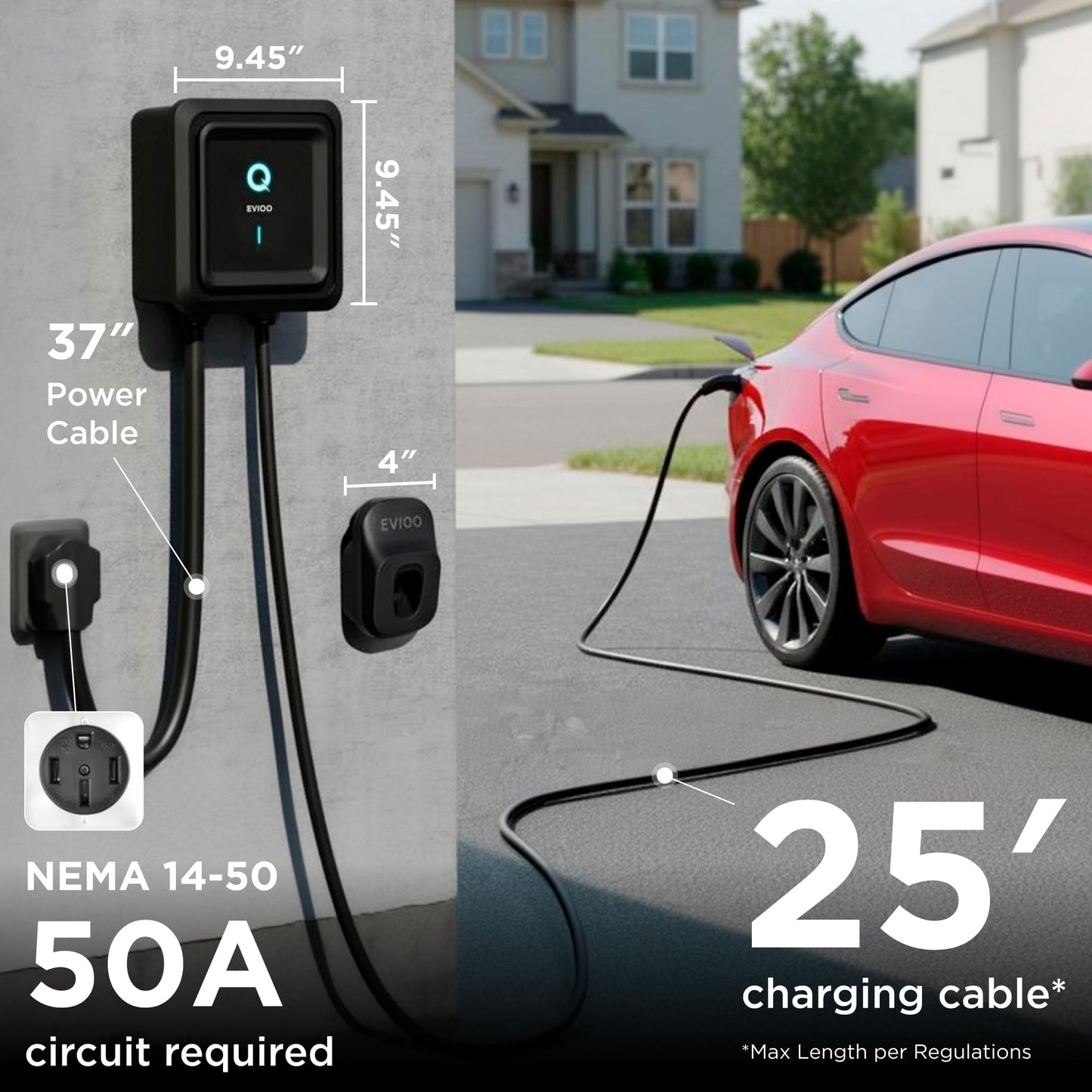 EVIQO NACS Charger for Tesla 40 Amp Plug-in Level 2 EV Charger w NEMA 14-50 Plug, Wall EV Charger Level 2, 25ft Cable, WiFi (2.4 GHz) Smart App - Weatherproof, Outdoor (IP66,NEMA 4) UL, ETL Certified
