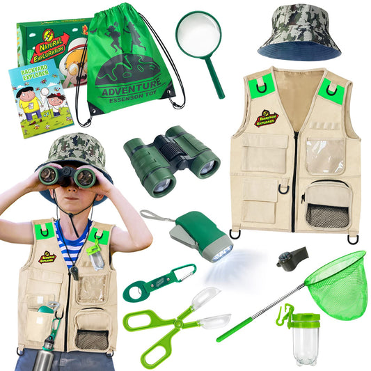 ESSENSON Outdoor Explorer Kit & Bug Catcher Kit with Vest, Outdoor Toy Gift for 3 4 5 6 7 8+ Year Old Boys Girls Kids Binoculars, Magnifying Glass, Butterfly Net, Camping, Adventure
