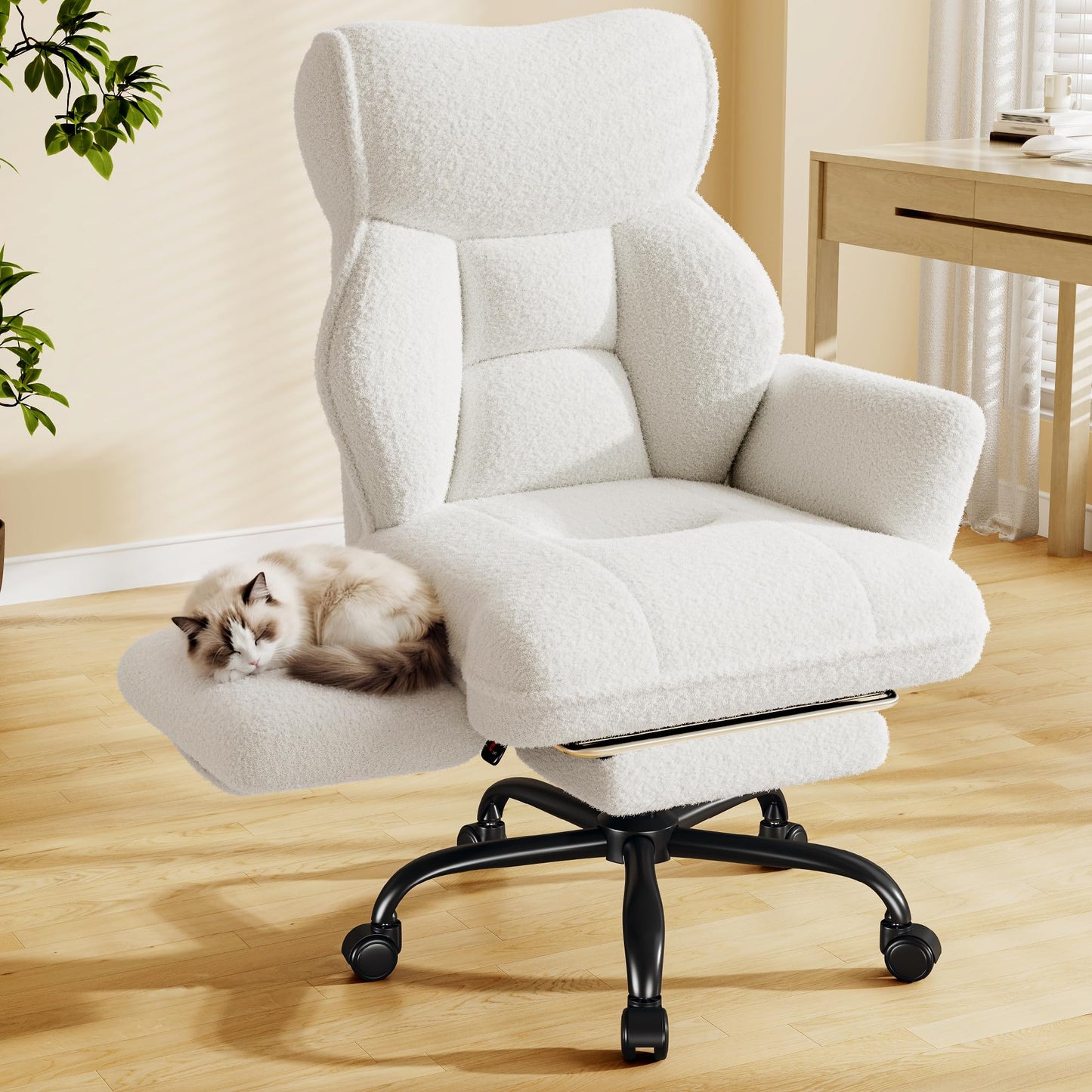 DurayLoly Big and Tall Office Chair with Adjustable Arms and Back, Ergonomic Office Chair with Footrest and Comfortable Fabric for Home Office, Bedroom,White
