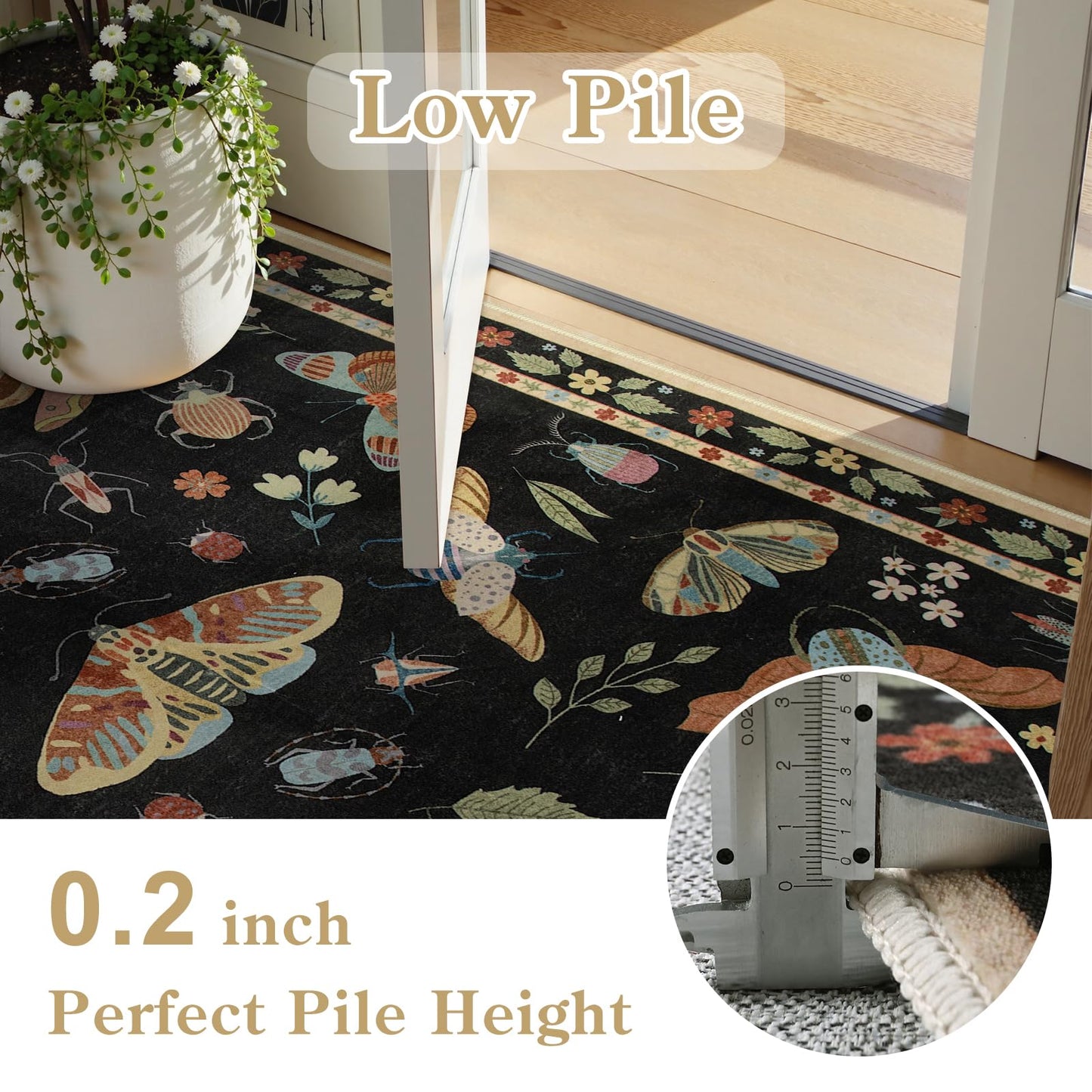 Beeiva Insect Print Rug 8x10, Washable Throw Rugs for Bedroom Under Bed, Boho Non Slip Low Pile Ultra Thin Foldable Large Carpet for Kids Room Playroom Living Room Decor(Black,8x10ft)