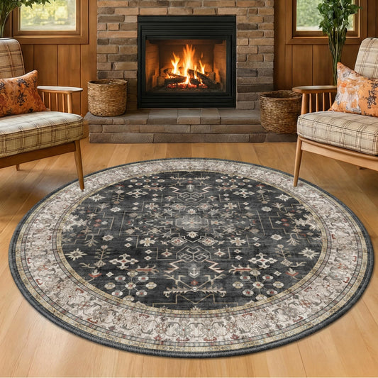 Black Boho Living Room Round Rug 6ft - Washable Dark Vintage Moody Low Pile Non Slip Circle Carpet for Bedroom, Dining Room, Home Office, Study Room, Modern Farmhouse Circular Area Rug Indoor Décor