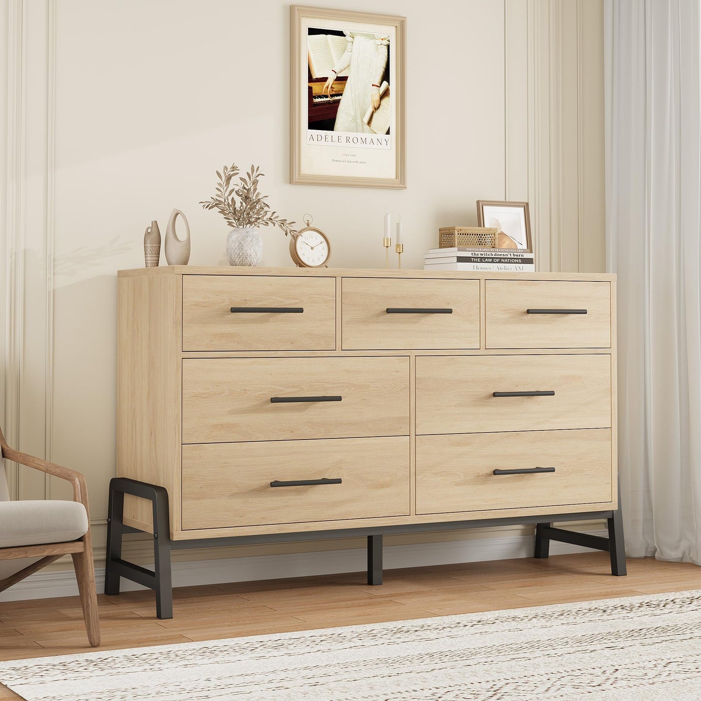 GarveeHome 7 Dresser for Bedroom, Freestanding 52 in Wide Drawer Dresser with Storage, Wooden Closet Storage Chest for Living Room, Bedroom, Entryway, Natural Oak