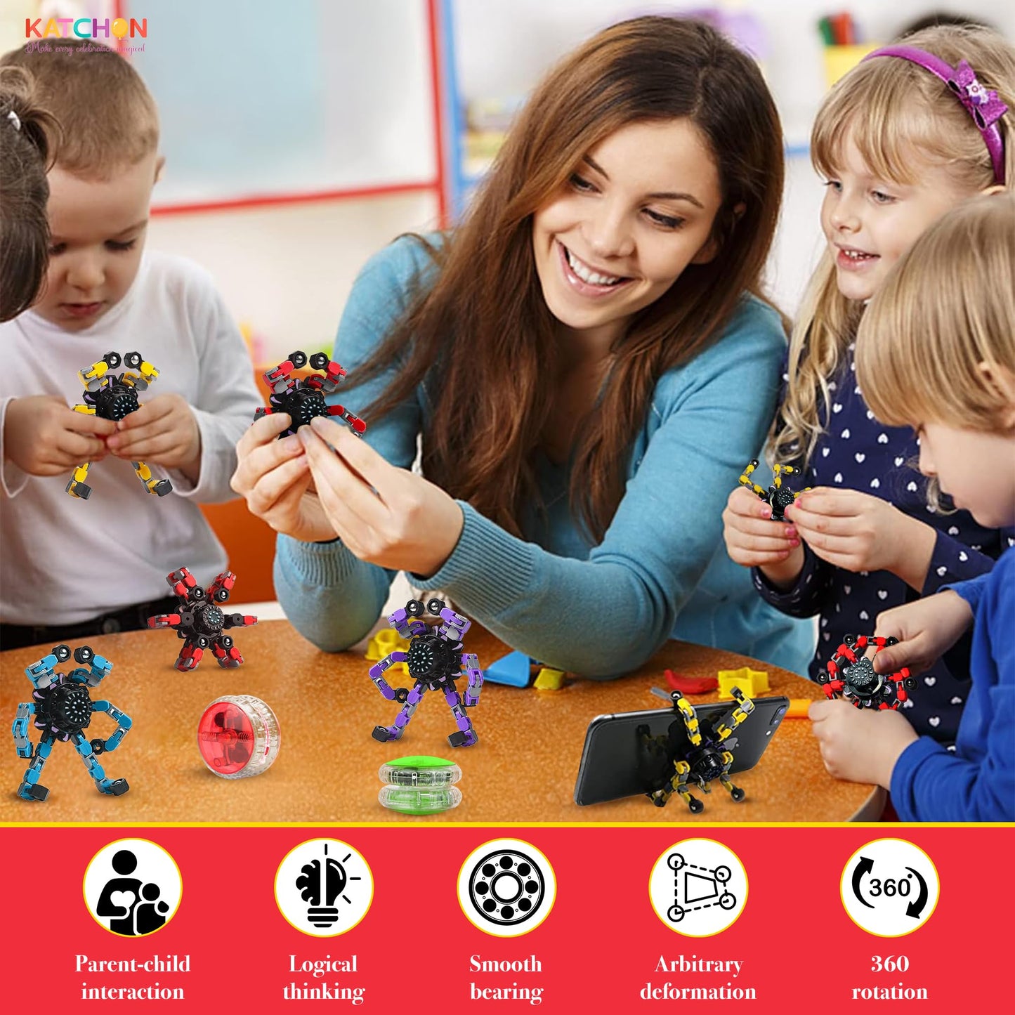 KatchOn, Transformable Fidget Toys Bulk - Pack of 24 | Robot Fidget Spinners Pinata Stuffers for Kids, Party Favors for Kids 8-12, Treasure Box Toys for Classroom Goodie Bags Stuffers Classroom Prizes