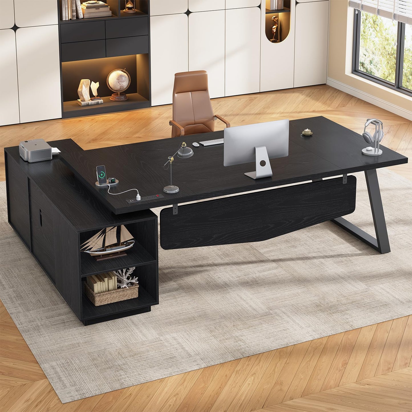 70.3 inch L Shaped Executive Desk with Power Outlets, Large Home Office Desk with Storage Drawers and File Cabinet, Modern Computer Desk with Shelves, Black Business Furniture, Square Metal Legs