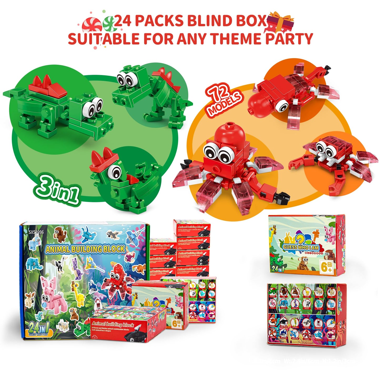 Party Favors for Kids - 24 Pack 72 Kinds of Animals Building Block Toy Stocking Stuffers Classroom Prizes Goodie Bags Easter Gifts Building Set, Christmas Birthday Gift for Boys Girls Ages 6-12+