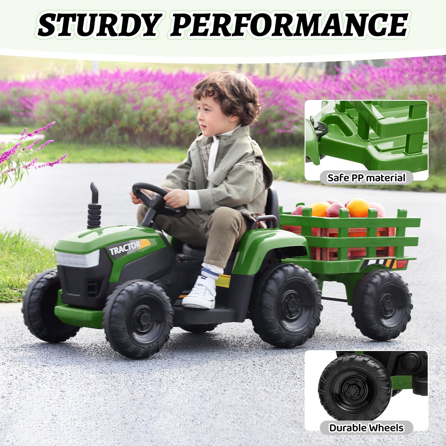 TOBBI Kids Electric Ride On Toy Tractor, Toddlers 12V Battery-Powered Car to Drive, 35W Dual Motor 6-Wheels Trailer Vehicle with 3-Speeds/LED & Horn Functions for Chirdren Aged 3-6-Dark Green
