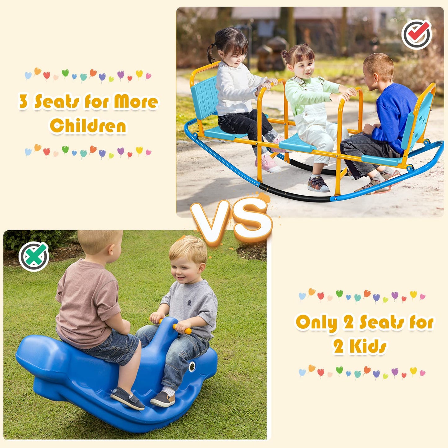 Costzon Teeter Totter Seesaw for Kids Outdoor, 2 in 1 Metal Rocking Seesaw for Toddlers with Easy-Grip Handles, Indoor Outdoor Rocker Toy Gifts for Ages 2-5, 1-3 Person Home Preschool Backyard See Saw