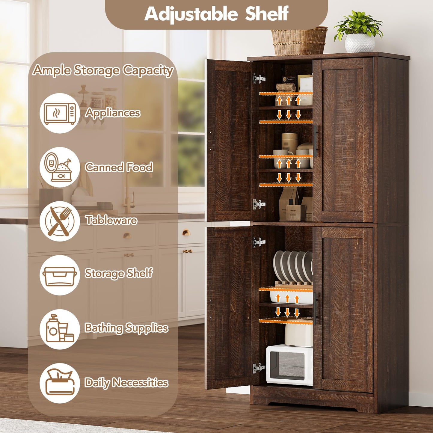 GarveeLife 70" Tall Kitchen Pantry,Farmhouse Storage Cabinet with Adjustable Shelves,Farmhouse Pantry Cabinet with 4 Barn Doors, for Kitchen,Dining Room,Living Room.(Rustic Brown)