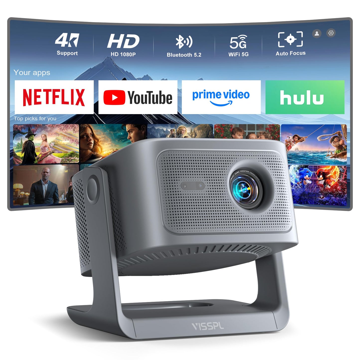 【2200ANSI & Officially-Licensed APP】Smart 4K Projector with WiFi and Bluetooth, VISSPL 3D Dolby Audio and Auto Focus Portable Outdoor Projector, Movie Home Theater Proyector with 360° Adjustable Stand