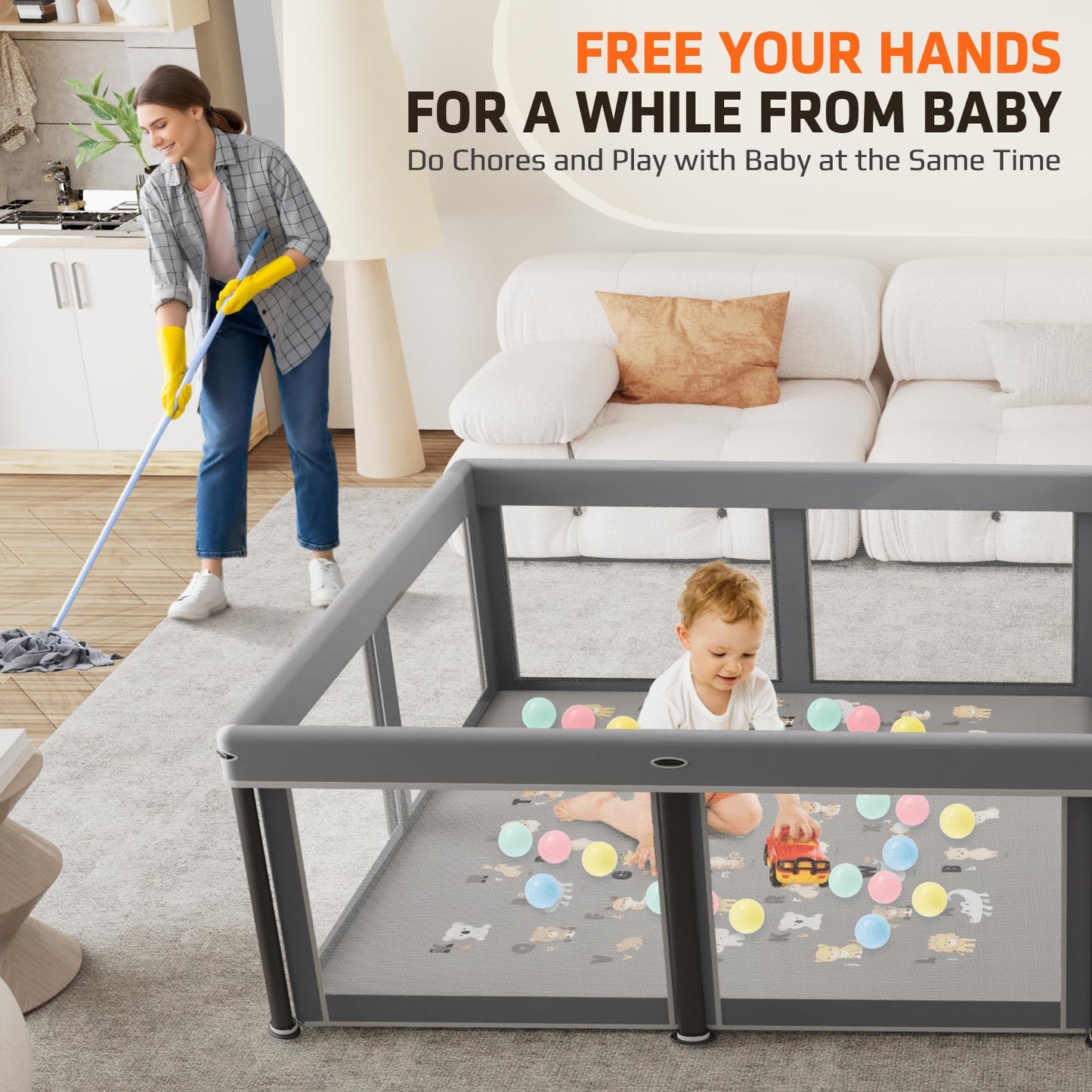 Foldable Baby Playpen with Mat,50"×50" Collapsible Playard for Babies and Toddlers,Indoor&Outdoor Kids Safety Play Pen,Portable Travel Playpen ‌with Travel Pack and 30 Ocean Balls