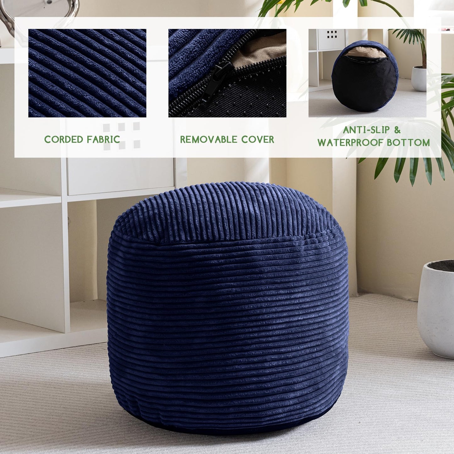 HIGOGOGO Round Stuffed Pouf Ottoman, Corduroy Poufs with Foam Chunk Filling, Furry and Fluffy Pouf Foot Stool Storage Ottoman, 20 X 15 Floor Poufs Foot Rest for Living Room, Navy