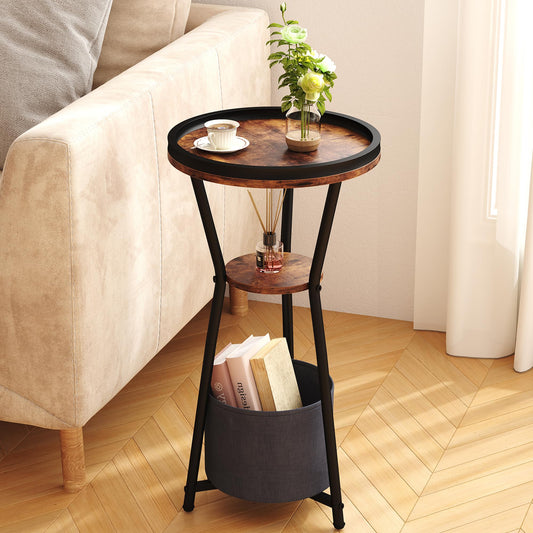 Yusong Round Side Table, Small Drink Table for Small Spaces, 3-Tier Industrial End Table, Accent Nightstand Bedside Table for Living Room, Bedroom, Sofa Couch, Rustic Brown