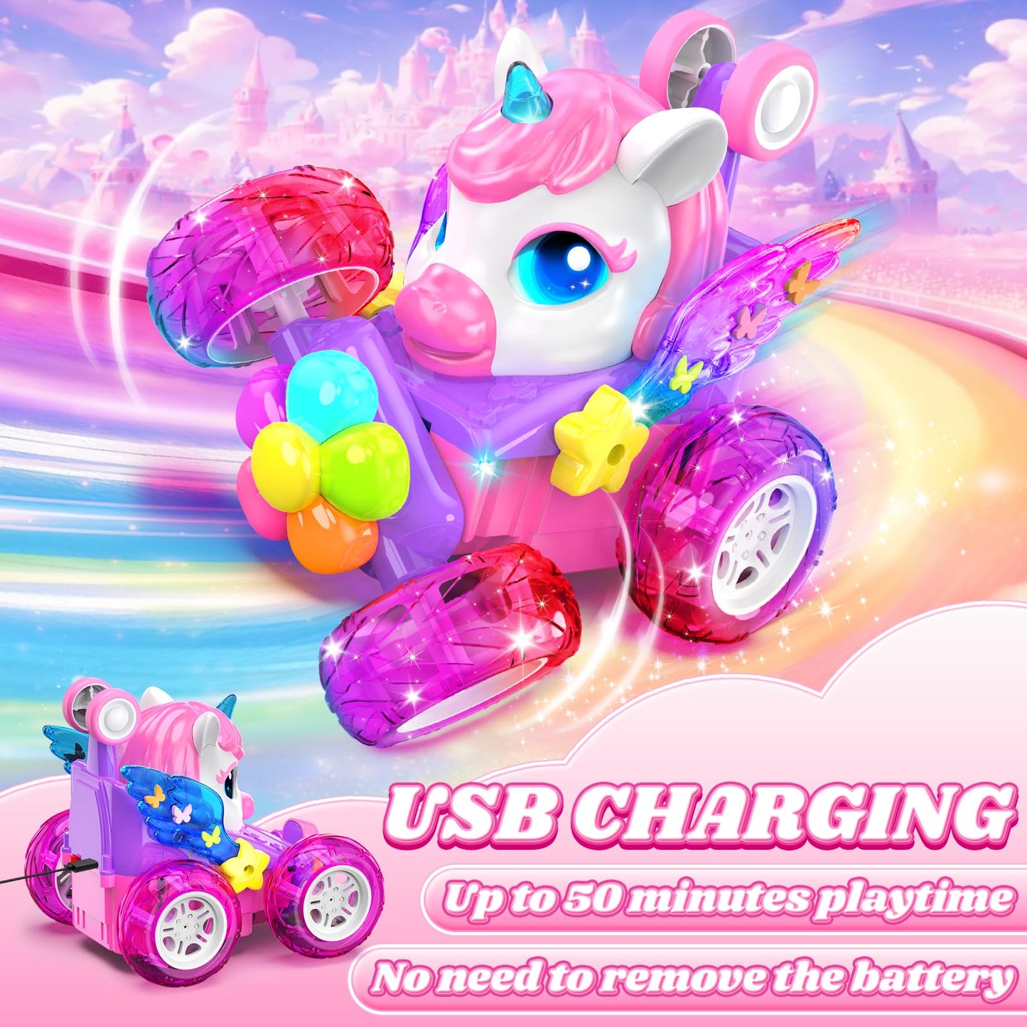 Zmpolir Unicorn RC Cars for Girl Toys with Glowling Crystal Wings & Eyes Lights, 360° Rotation Remote Control Car Pink Unicorn Stunt Car Kids Toys Birthday Gifts for 3 4 5 6 7 8 9 10 Year Old Girls