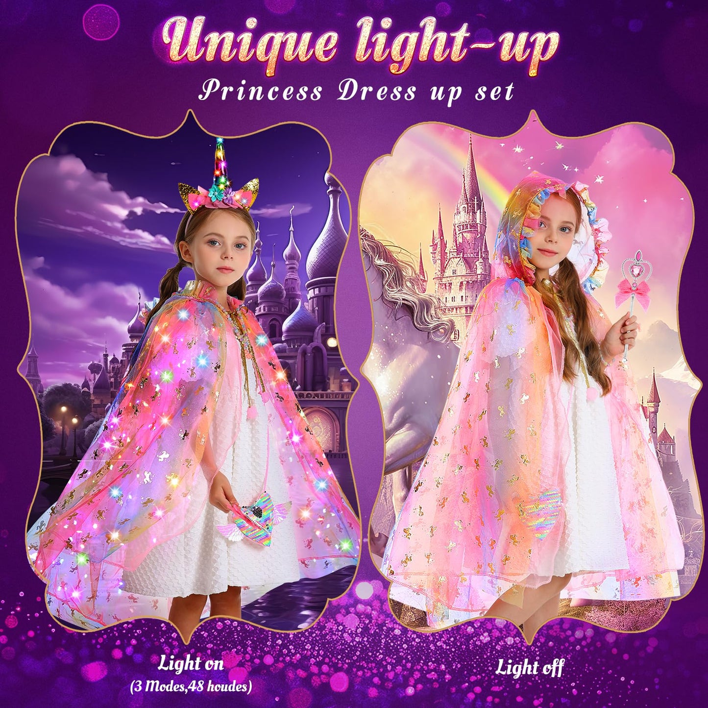 Fedio Princess Dress up for Girls,Unicorn Light up Princess Cape Set,Light up Princess Dress with Unicorn Toys for Girls 3-8 Halloween Pink