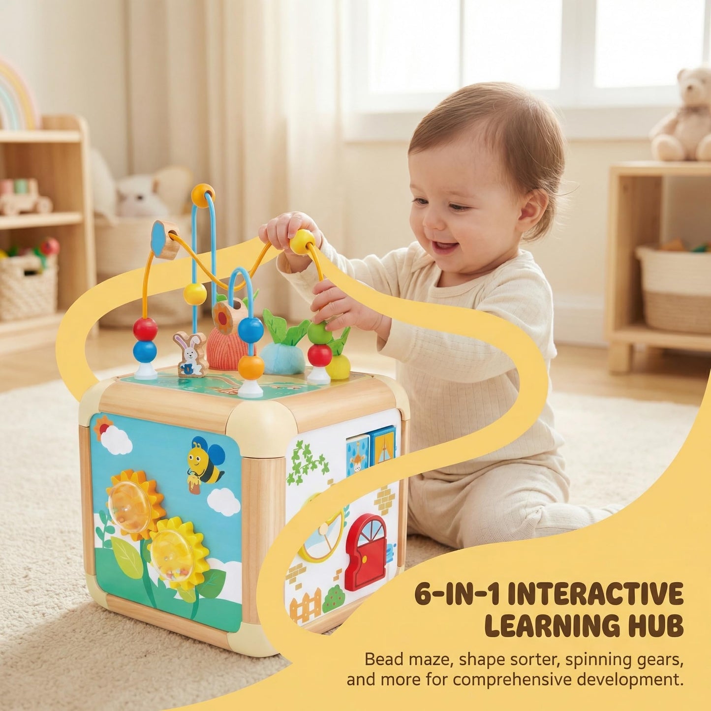 Hape Green Thumbs 6-in-1 Wooden Activity Cube for Toddlers - Nature-Themed Educational Toy with Bead Maze, Shape Sorter & Sensory Carrots - Montessori Learning Gift for Baby Boys & Girls