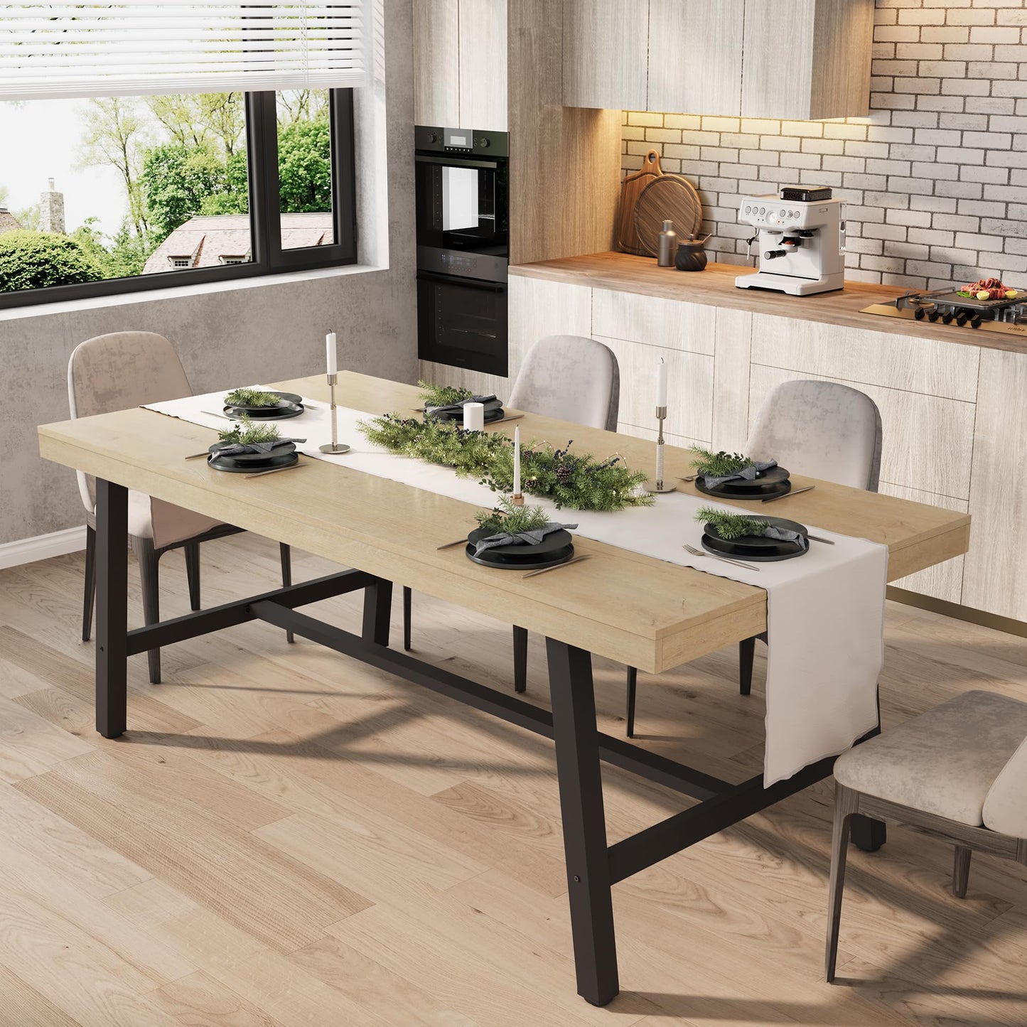 GarveeHome Industrial Dining Table for 6-8 People, 70.87" Long Wooden Kitchen Table with Sturdy Metal Frame & Natural Finish, Seats 6 Rectangular Counter for Dinner, Kitchen, Dining Room - Natural