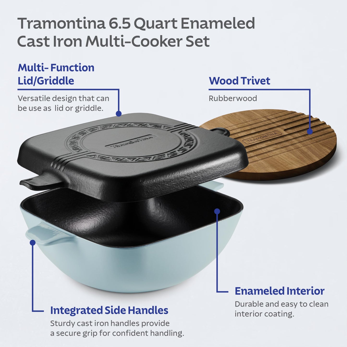 Tramontina Cultura 2-in-1 Enameled Cast Iron Dutch Oven Pot with Reversible Lid Griddle and Trivet, Oven Safe 6.5-Quart Multi-Cooker, Starlight Blue