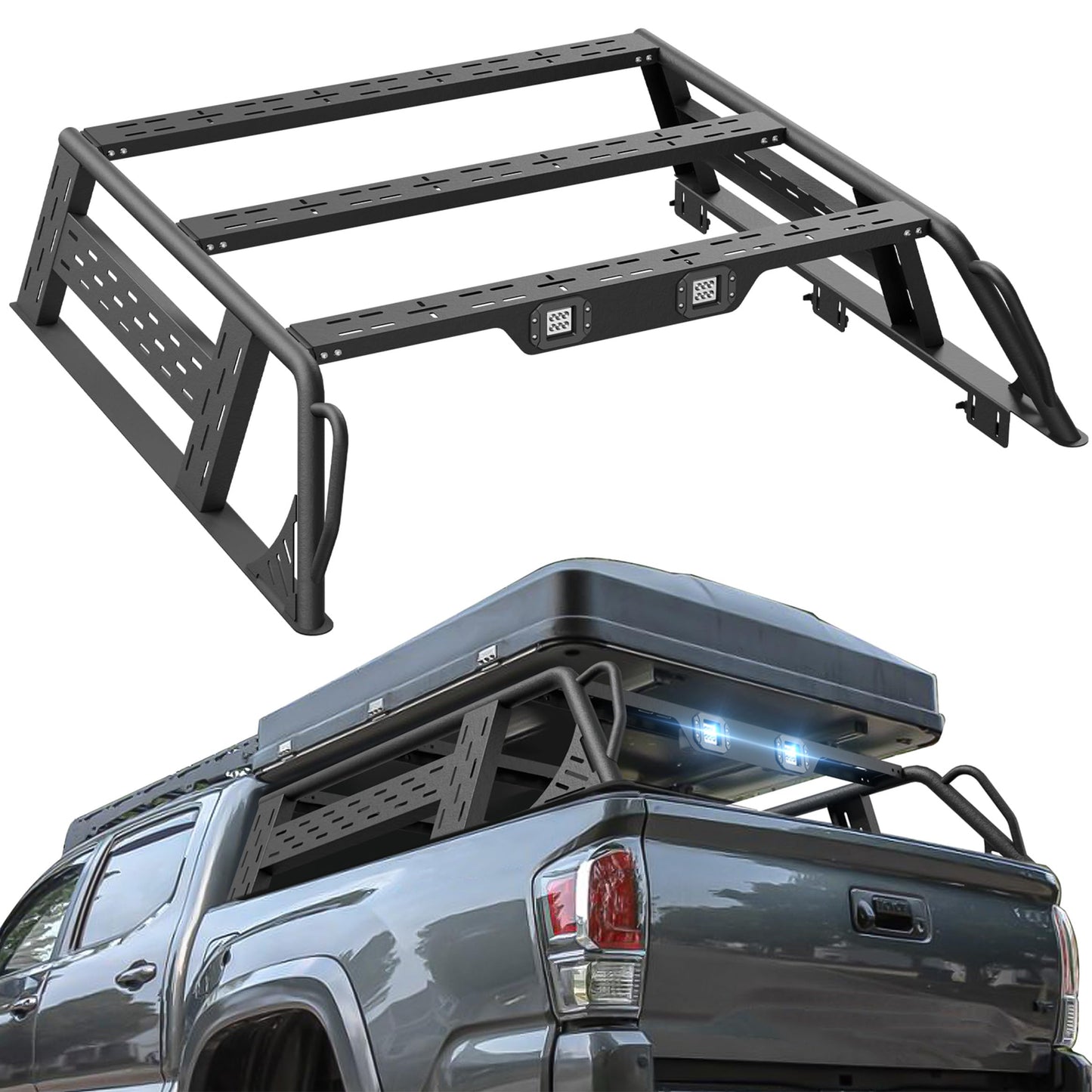 YZONA 13.3" High Overland Bed Racks Truck Cargo Carrier with 2 LED Lights Compatible with 2016-2025 Toyota Tacoma with Bed Rails, 1000 LBS Truck Rear Ladder Rack Back Cross Bars