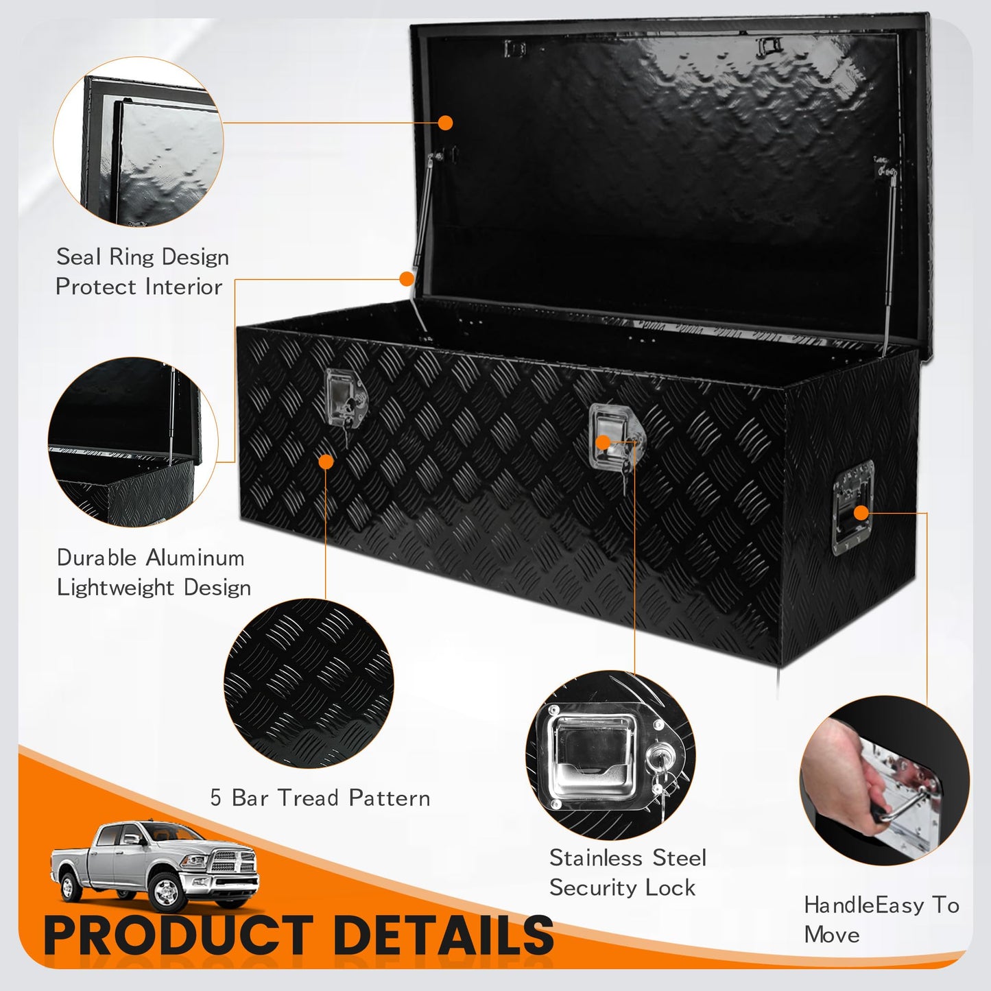 Vigorighter 48 Inch Aluminum Truck Tool Box, 48" x 19.5" x 17.5" Heavy Duty Truck Bed Storage Box for Pick Up Truck RV Trailer, Toolbox with Side Handles, Locks and Keys, Black