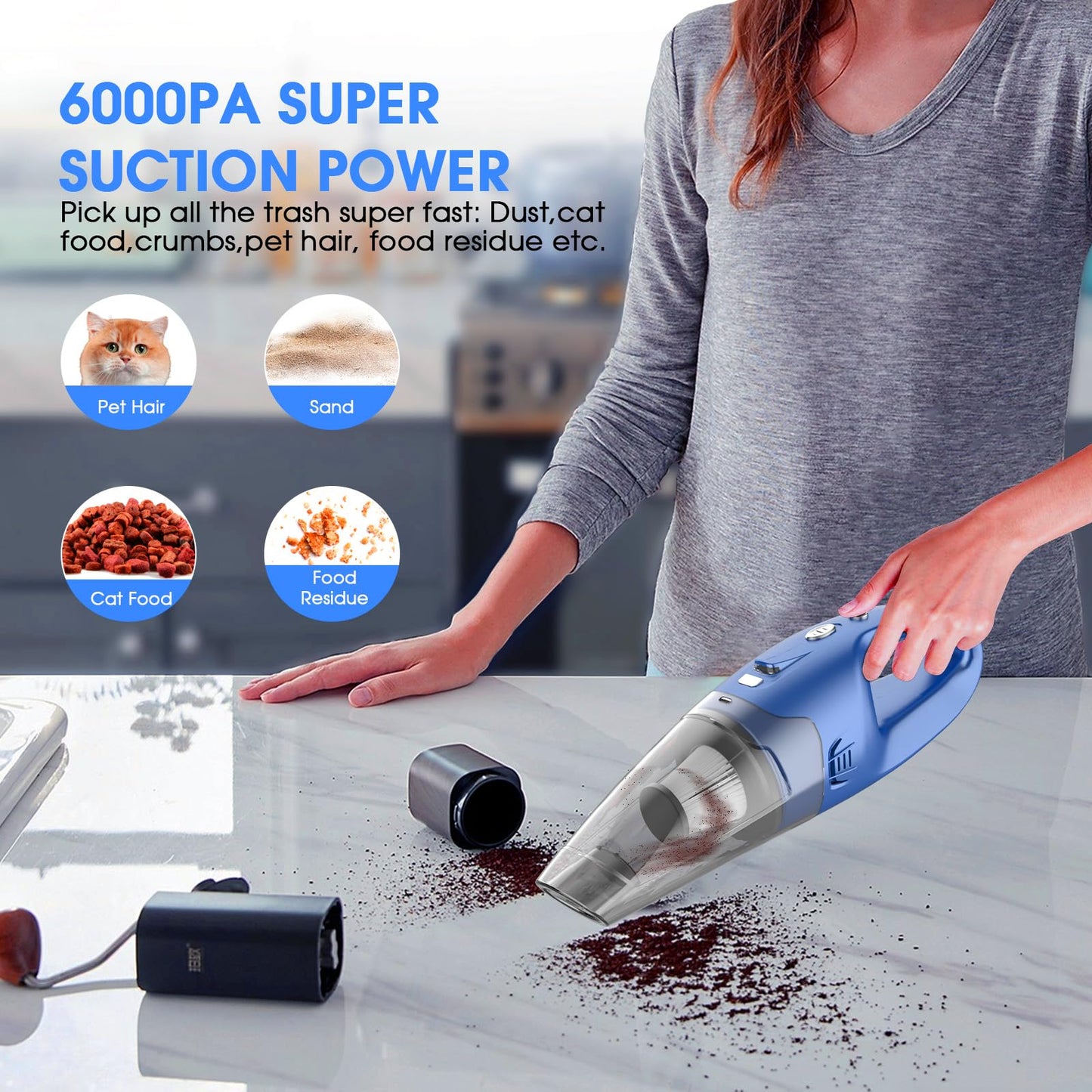 YOOHI Handheld Vacuum Cordless Rechargeable – 6000Pa Mini Hand Held Vacuum, LED Light, 20–25 Mins Runtime, USB Charging, 500ML Cup – Lightweight Small Vacuum Cleaner Cordless for Car/Office/Home