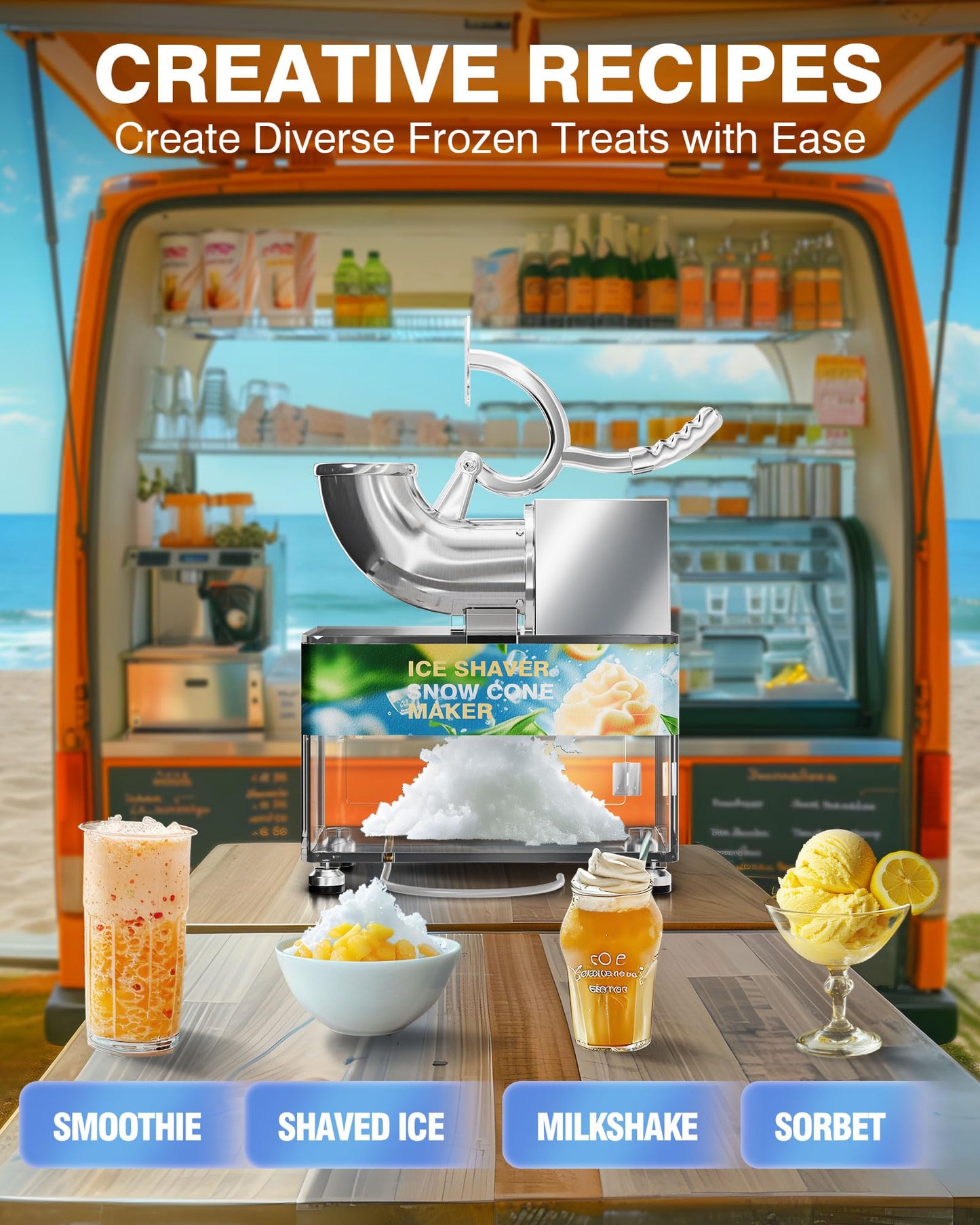 PYY Snow Cone Machine - Commercial Ice Crusher Shaver, Electric Crushed Shaved Snowcone Maker, All-Copper Motor 440LBS/H 1400RPM, Stainless Steel Full Body, Dual Blades, Acrylic Box and Drain Pipe