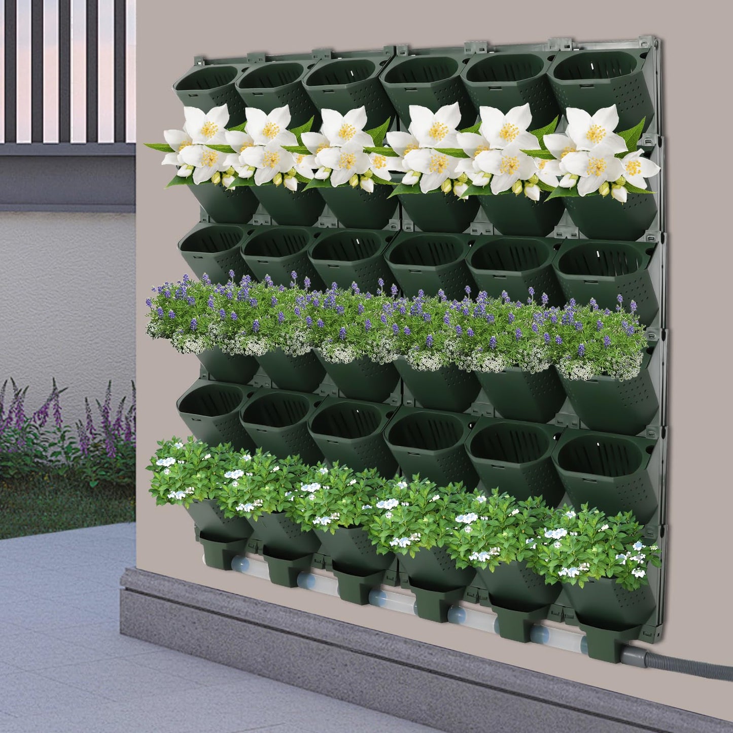 Liffshsy Wall Mounted Vertical Garden Planter, 6 Row 36 Planters Self Watering Garden Growing System with Timer, Indoor Outdoor Flower Pot Holder for Herbs Vegetables Fruits (Dark Green)