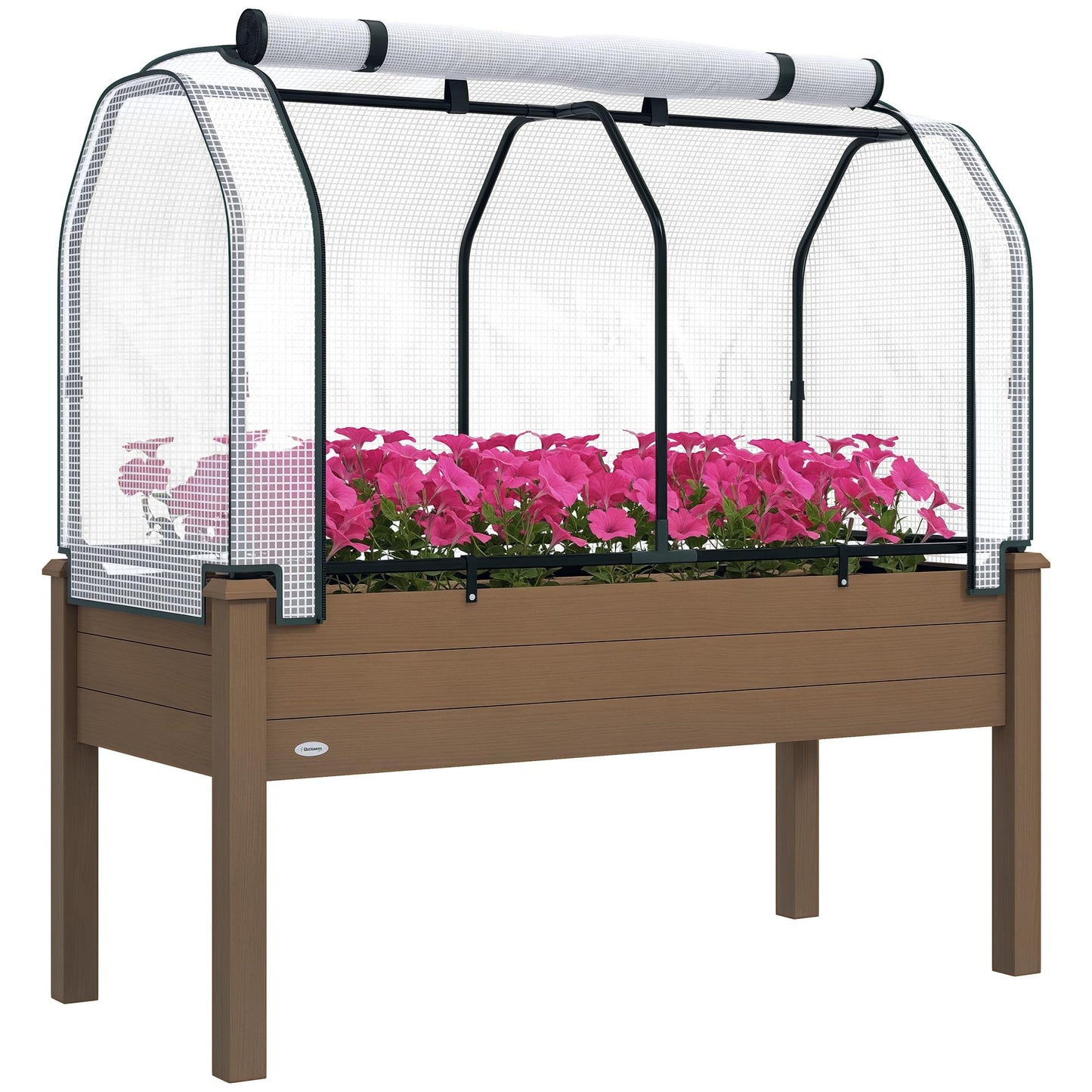 Outsunny Raised Garden Bed with PE Greenhouse Cover Outdoor Elevated Wood Planter Box for Herbs and Vegetables, Use for Patio, Backyard, Balcony, 48 x 22 x 46 inch, Brown