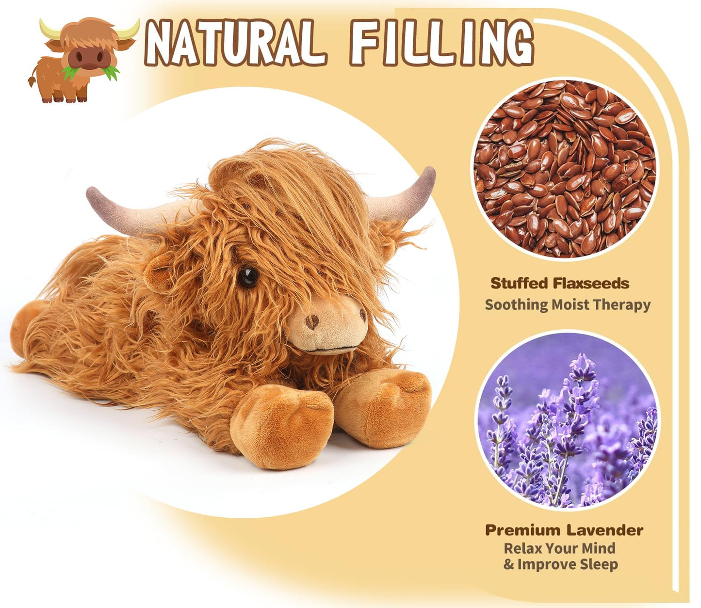 2Pcs Highland Cow Stuffed Animals, Microwavable Stuffed Animal Adorable Fluffy Highland Cow Plush for Warmth Comfort, Heatable Coolable Lavender Scent Toy, Cute Soft Plushies Gift for Kid Boys & Girls