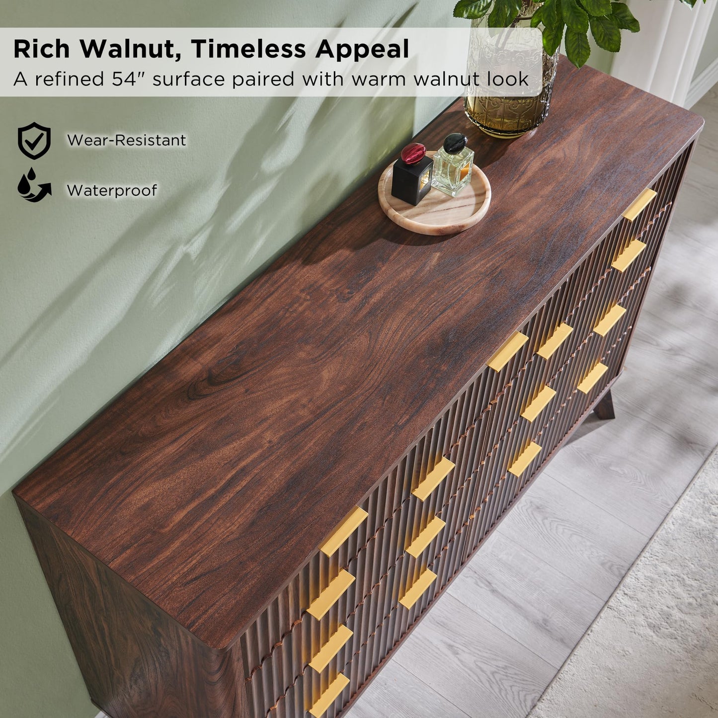 T4TREAM Fluted 9 Drawers Dresser, 54" Wide Modern Chest of Drawers, Curved Profile Design, Dresser TV Stand, Wood Drawer Organizer for Bedroom, Living Room, Hallway, Dark Walnut