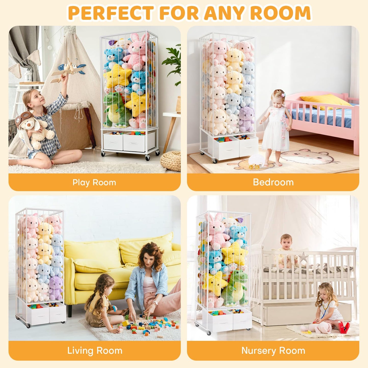 Stuffed Animal Storage - Large Stuffed Animal Zoo Holder with 2 Toy Bins - Plushies Storage with Elastic Band - Metal Plush Toy Organizer Brake Wheels Perfect for Toddler Rooms Playrooms Bedroom