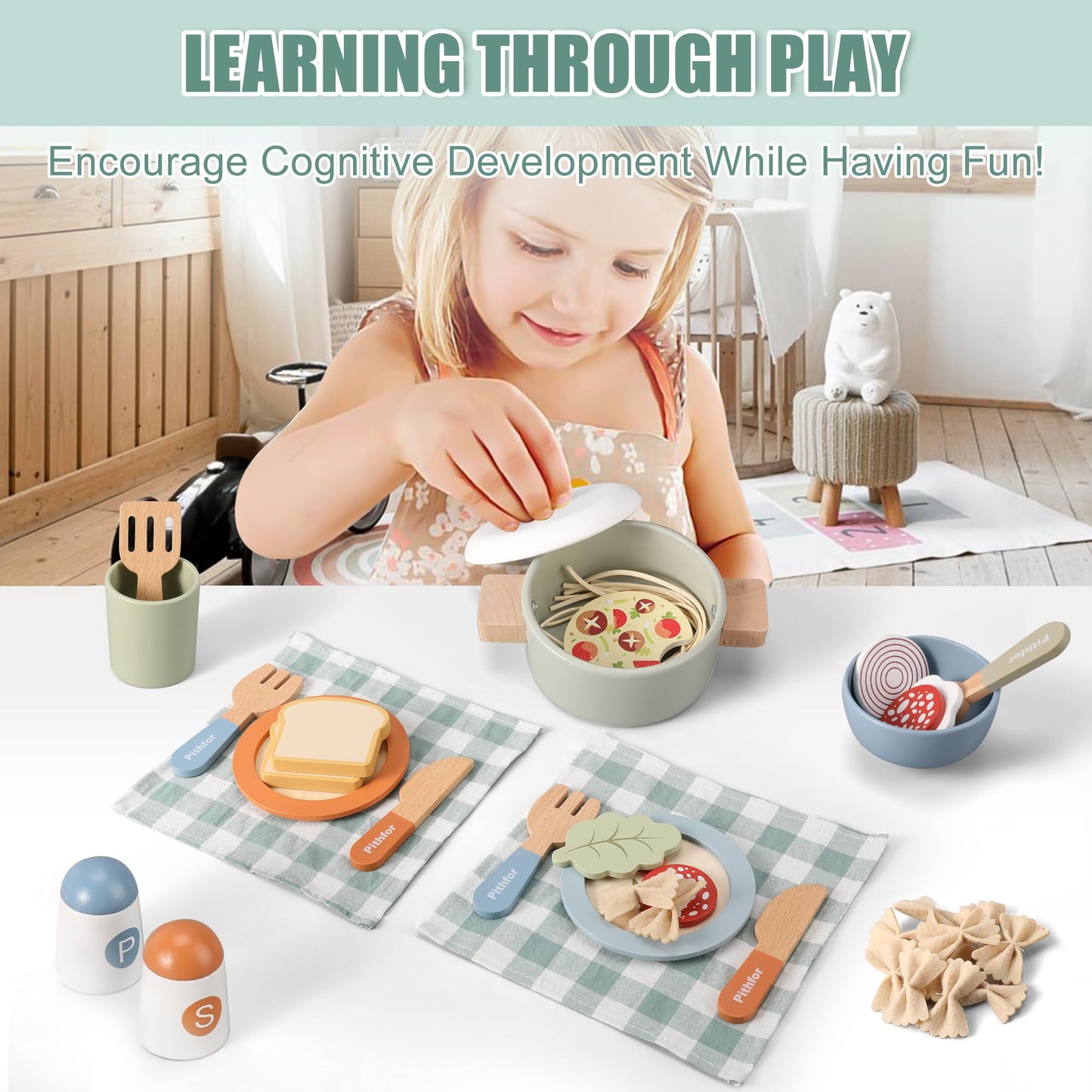 Pithfor Wooden Play Cooking Set, Pretend Play Kitchen Accessories Toys Set for Kids Toddlers, Including Play Dishes, Pot and Pan, Utensils, Gifts for 3 4 5 Years Old Girls Boys
