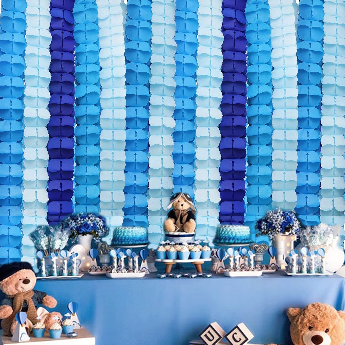 RUBFAC 6pcs Four-Leaf Clover Garland Party Blue and White Streamers Tissue Paper Hanging Flower Garland for Frozen Party Baby Shower Decoration