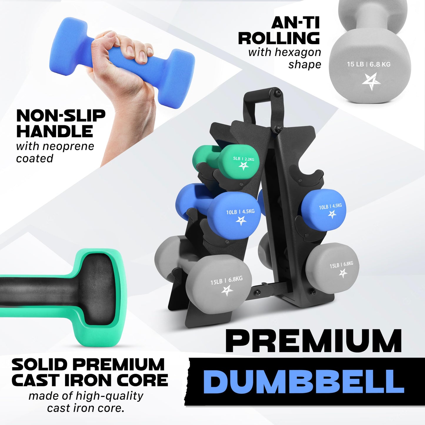 Dumbbell Neoprene 5-10-15lb pair + Metal Rack