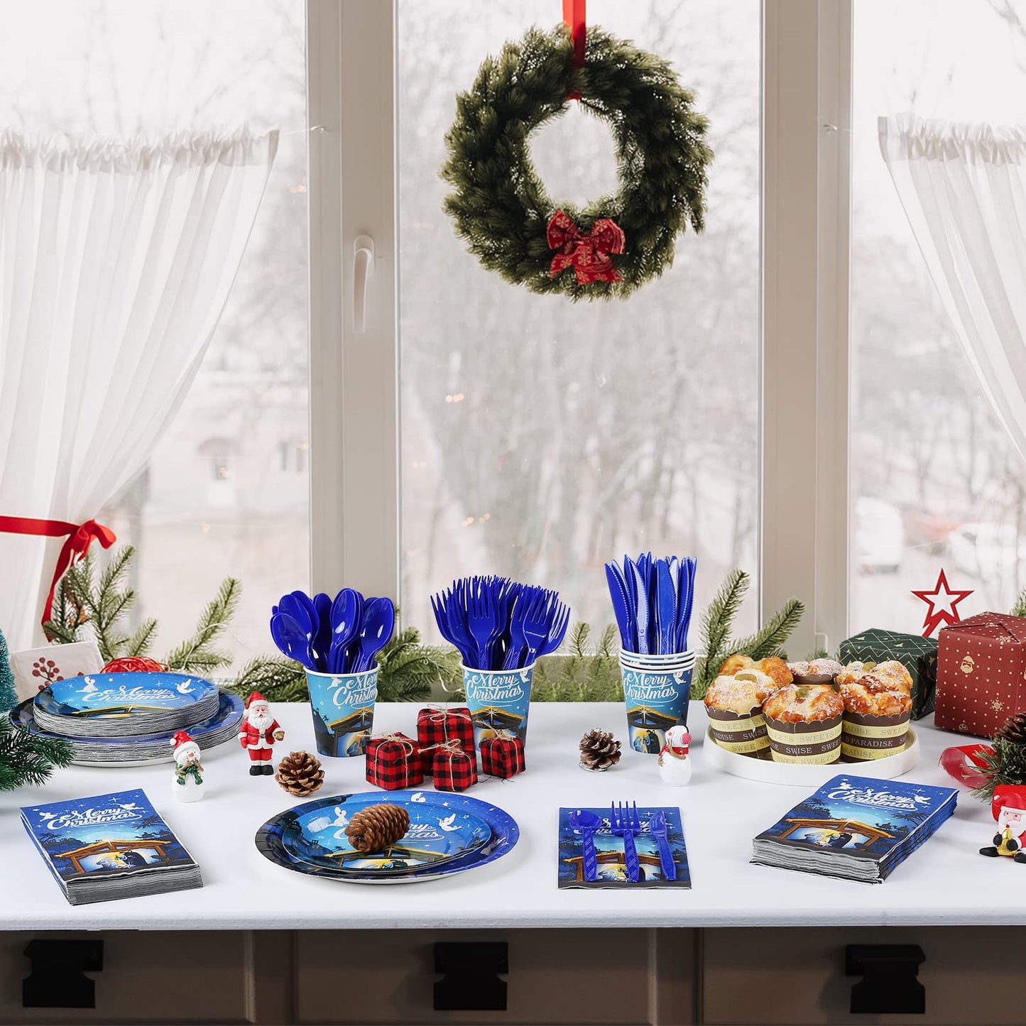 Christmas Nativity Party Supplies, Christmas Nativity Plates and Napkins Set, Disposable Jesus Holy Night Paper Plates Napkins Cups Knives Spoons Forks for Xmas Winter Holiday Party Decors, Serve 25