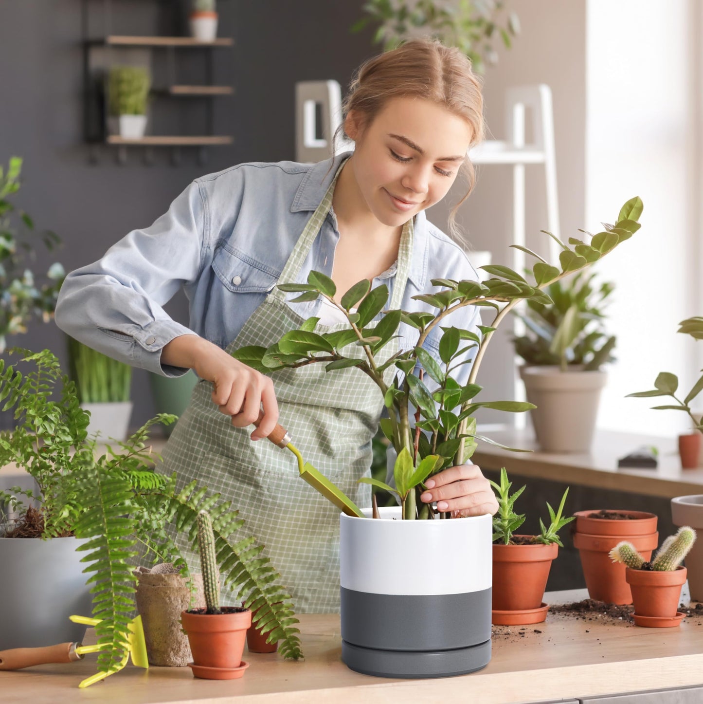D'vine Dev Set of 2 Plants Pots, 8.2 Inch Ceramic Planter Pot for Plants with Drainage Hole and Saucer, White/Speckled Grey, 94-V-D-6