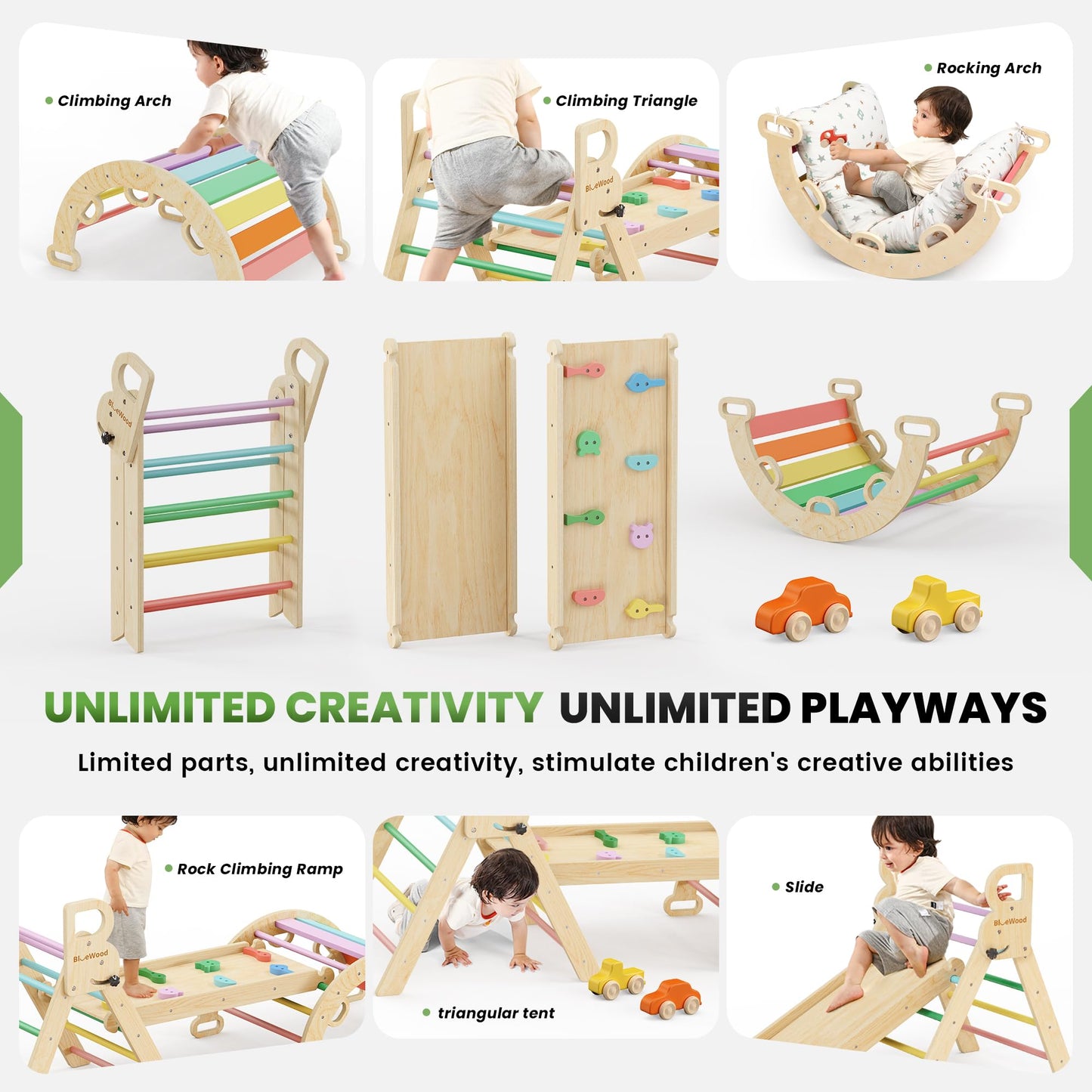 BlueWood Pikler Triangle Set with Cushion - Climbing Toys for Toddlers 9-in-1, Montessori Philosophy Play Jungle Gym with Arch, Ramp, Ladder (Rainbow)