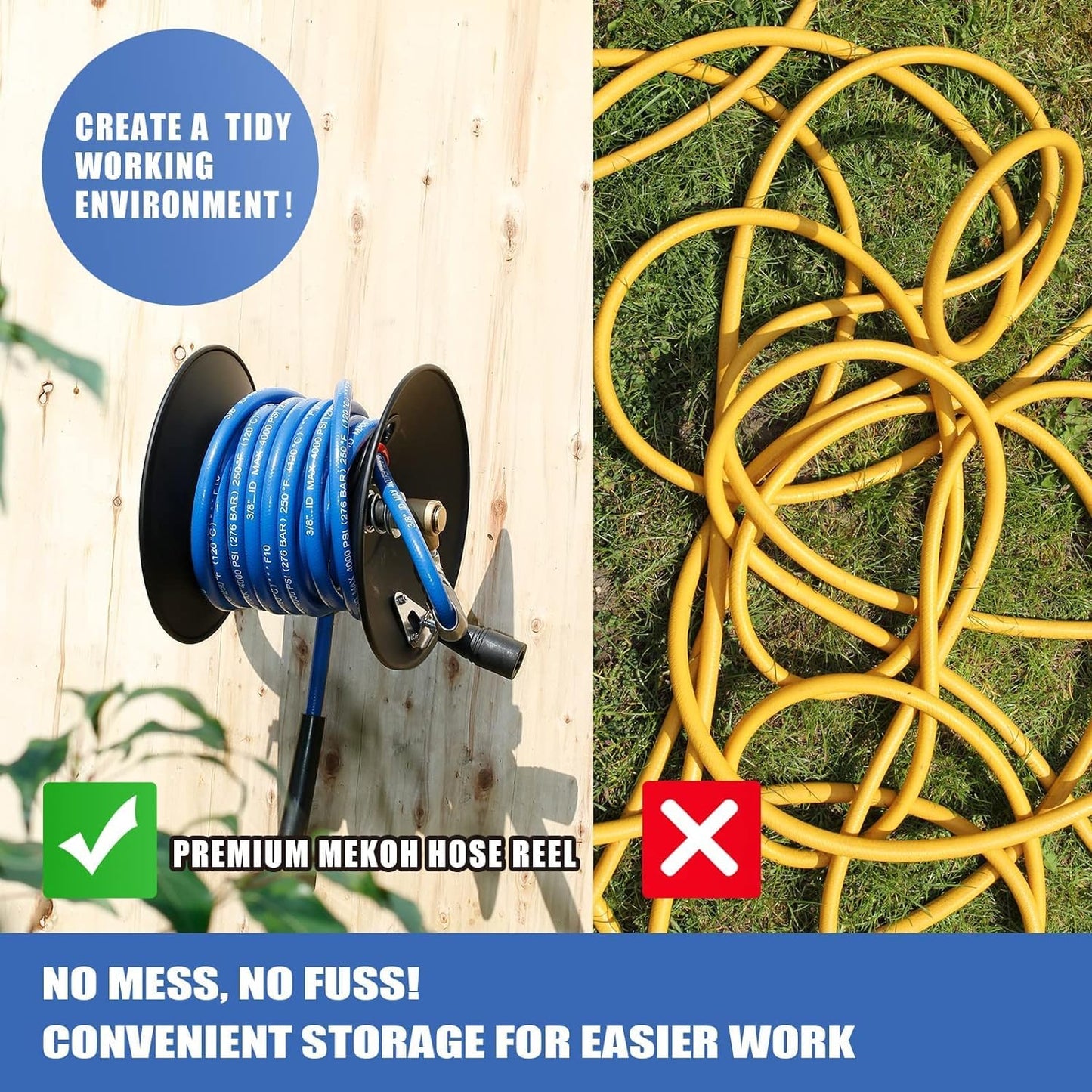 MEKOH Pressure Washer Hose Reel 50ftx3/8” / 65ftx1/4”, 4000PSI Heavy Duty Power Washer Hose Reel with M22-14 Fitting, Hand Crank Metal Reel with Wall/Trailer/Van Mount, Manual Hose Reel for Water