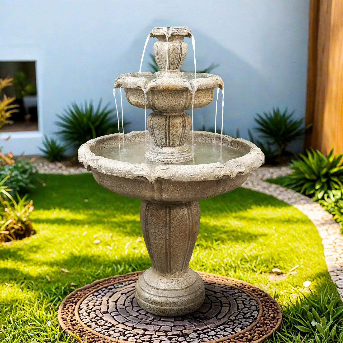 SunJet 48” High Modern Concrete Outdoor Water Fountain - 3 Tiered Large Floor Water Fountain and Waterfalls with Electric Pump for Garden, Patio, Yard, and Deck Decor, Featuring Natural Stone Look