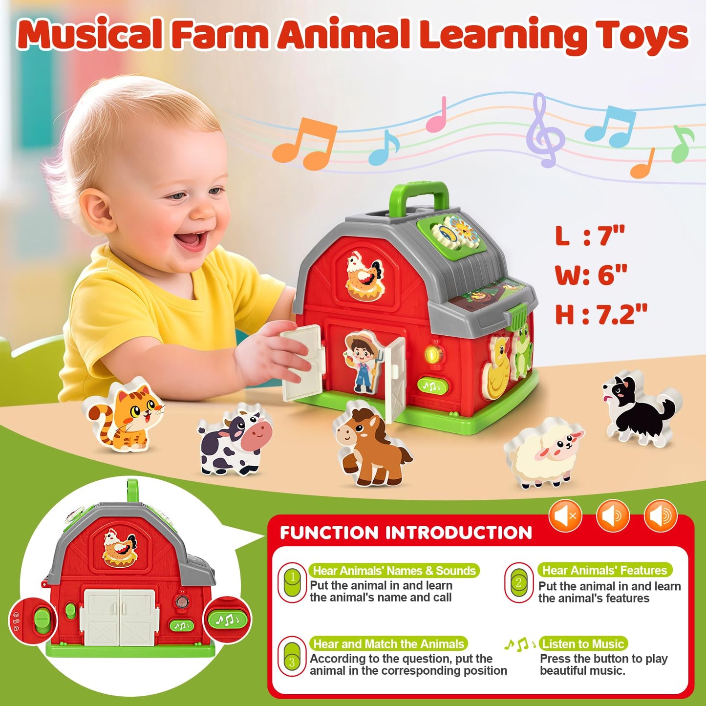 Toddler Toys for 1 2 3 Year Old Boys Girls, Upgraded Musical Farm Animal Barn Toy Gifts, Montessori Fine Motor Skill Learning & Educational Toys, Christmas Birthday Gift for Baby 12-18 Months+