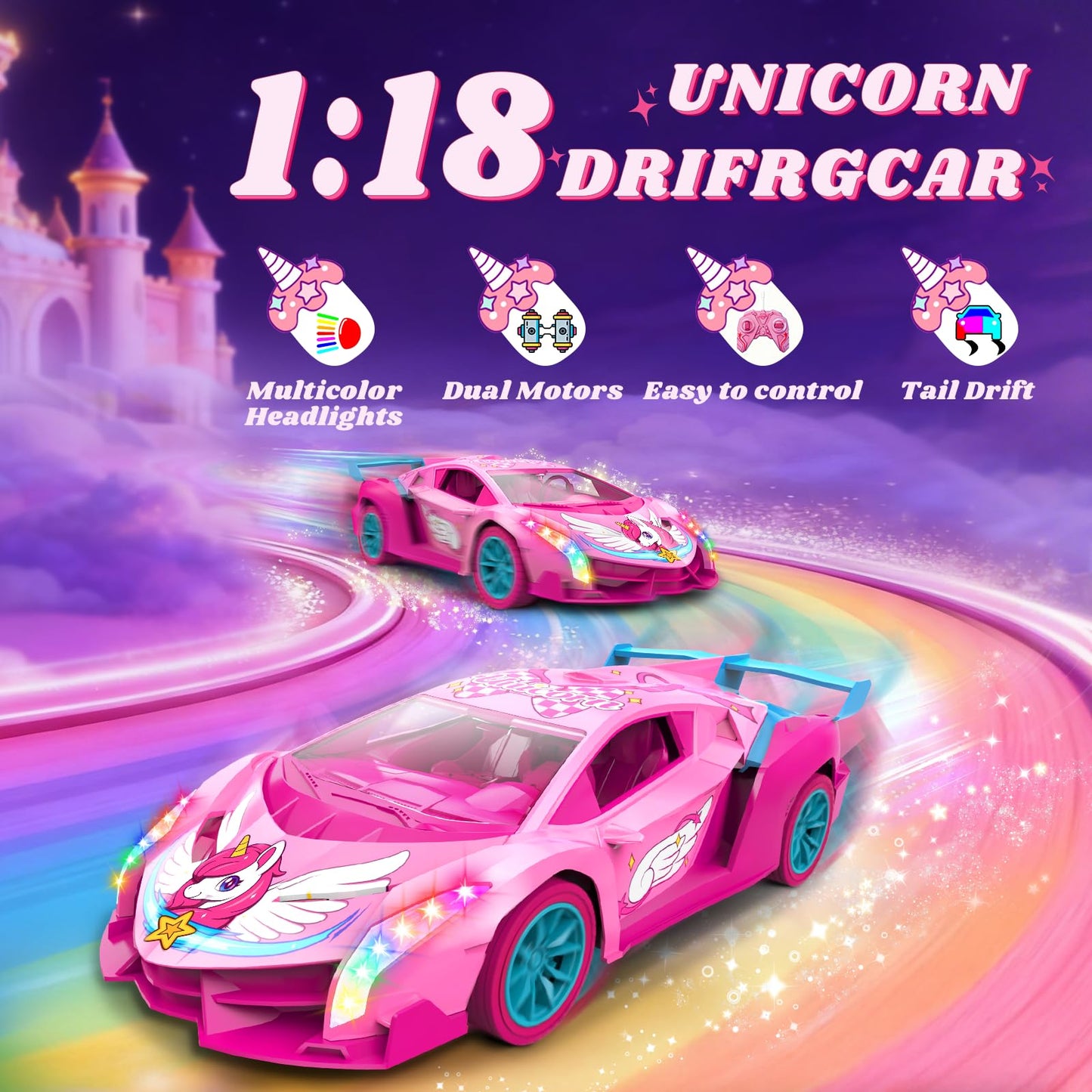 Unicorn RC Car for Girls, Rainbow Glow & Drift Wing Remote Control Car,2.4GHz RC Cars 1:18 Scale,Kids Toys Age 3 4 5 6 7 8 9 10 11 12,Girls Birthday Gifts,Valentines Day Gifts for Kids 3-12 Year Old