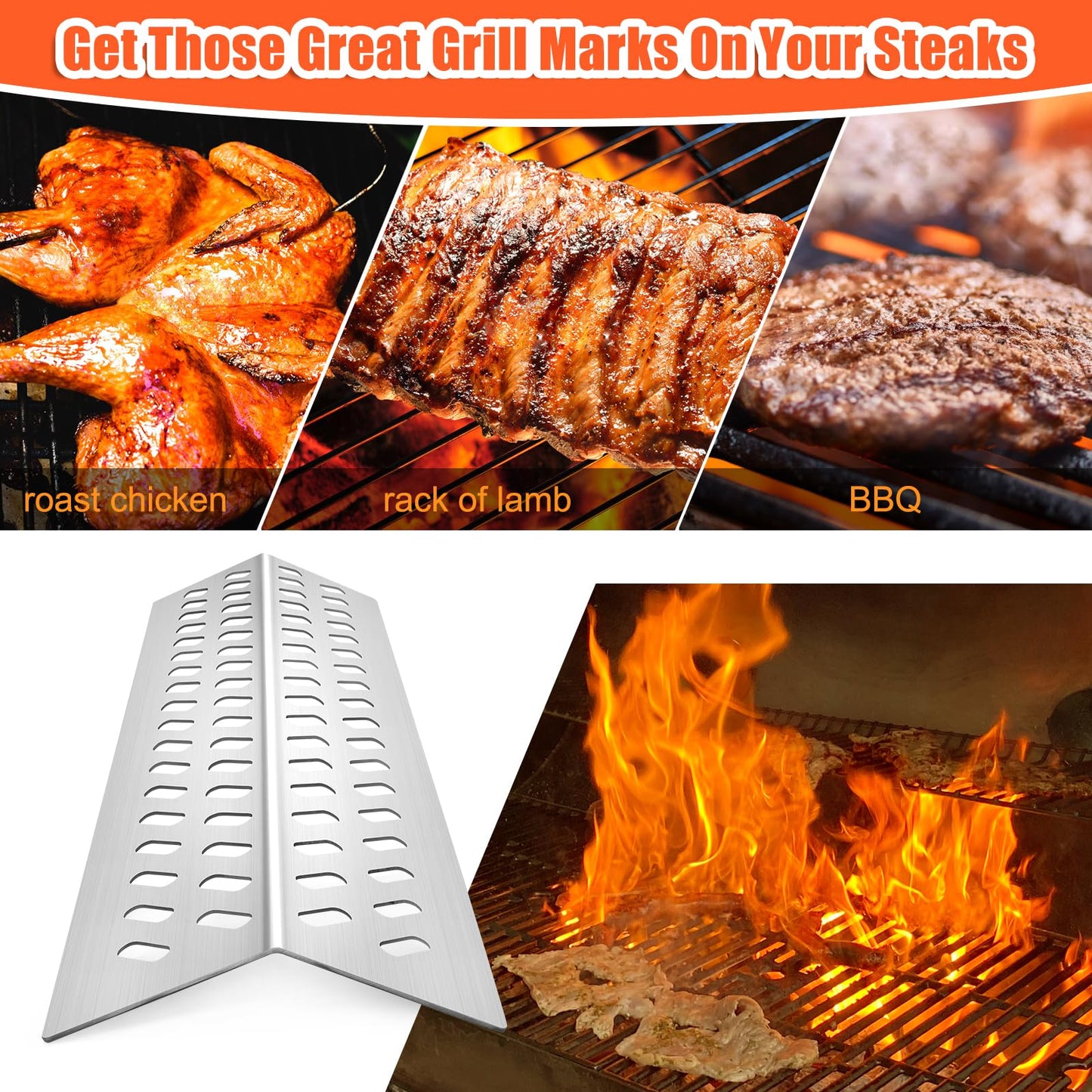 LPTNFRTN 4pcs 16631 Flame Tamer Flavor bar & 3pcs 16520 Heat Plate Shield with 4pcs 16517 Cooking Grates for Bull Grill Replacement Parts, Fits for Blaze Lion, Cal Flame 4 Burner Gas Grills