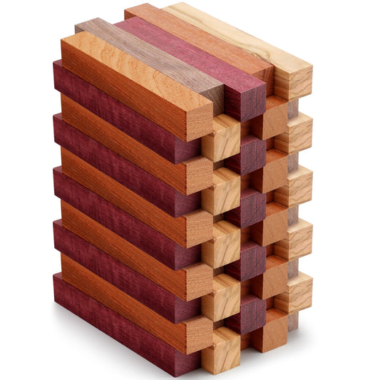 Qilery 10 Pcs Exotic Wood Pen Blanks Turning Supplies DIY Crafts Pen Turning Kit, Black Walnut, Cherrywood, Peltogyne, Zebrawood, Bubinga, 5 x 3/4 x 3/4 Inch