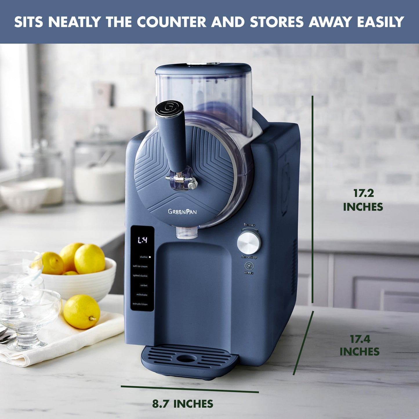 GreenPan Frost Ice Cream Maker & Slushie Machine, Soft Serve, Sorbet, Margaritas, Milkshakes, Frozen Yogurt, No Pre-Freezing, Ready in 15 Mins, 6 Modes, 7 Textures, Self-Cleaning, Family Size, Blue