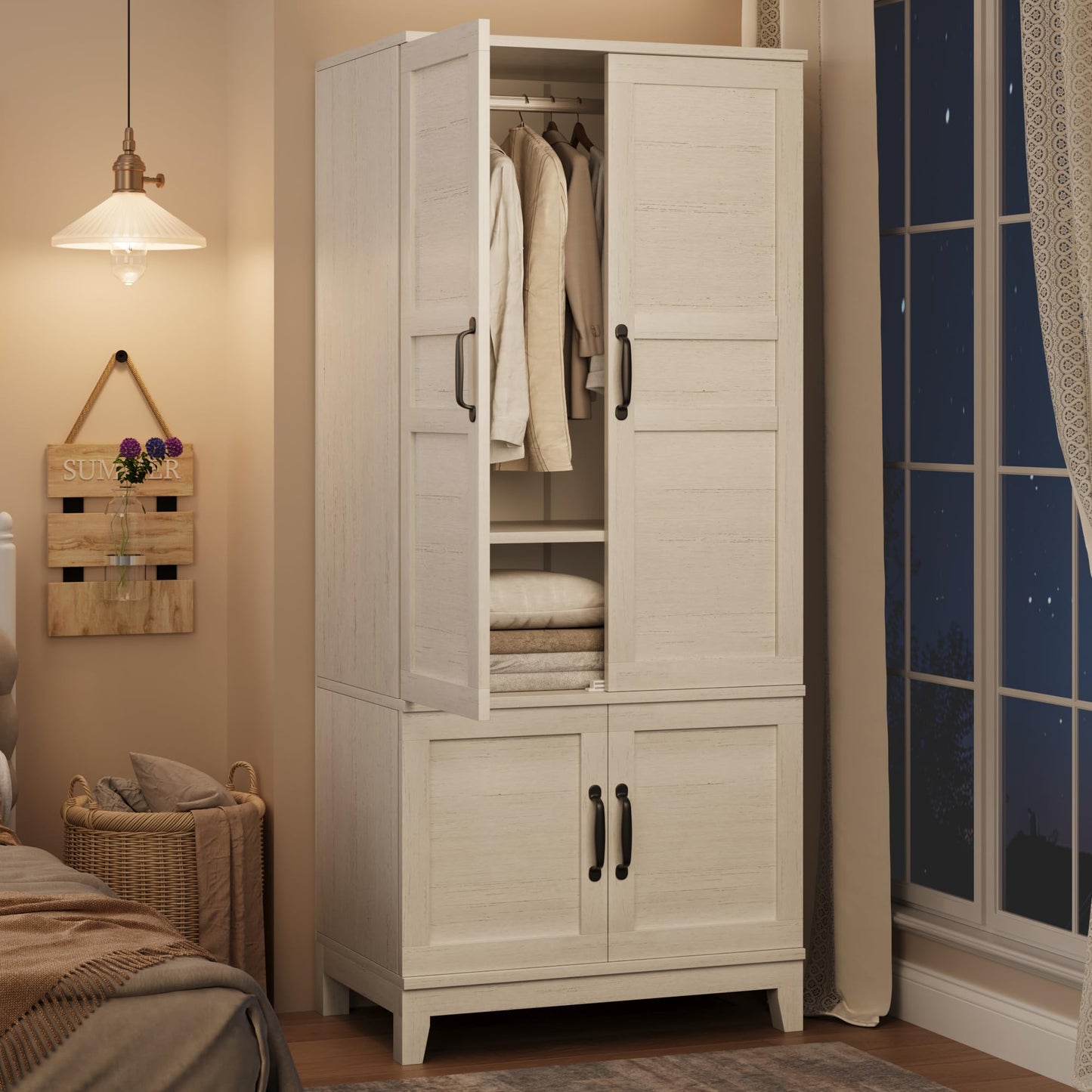GarveeHome Armoire Wardrobe Closet with 4 Doors, 72 in Wooden Wardrobe Cabinet with Hanging Rod, Freestanding Tall Clothing Armoire Storage Cabinet with Adjustable Shelves for Bedroom, Rustic White