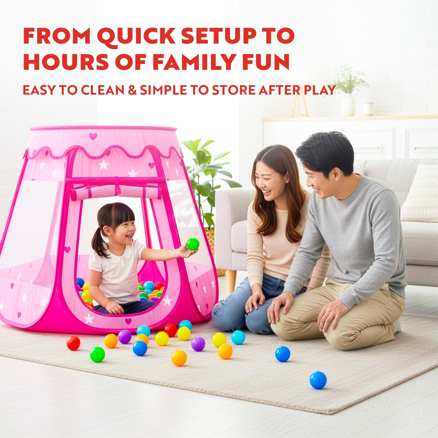 Playz Ball Pit Princess Castle Play Tent for Girls w/ 50 Balls Included - Pop Up Children Play Tent for Indoor & Outdoor Use - Playland Playhouse Tent w/ & Glow in The Dark Stars & Zipper Storage Case
