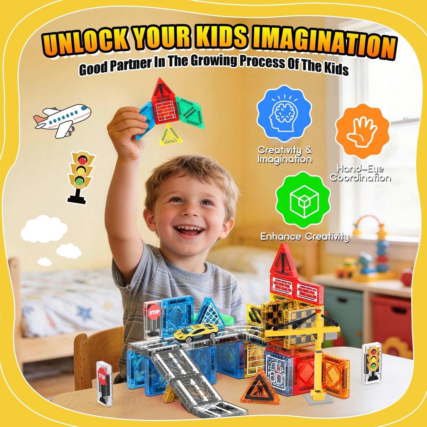 Magnetic Tiles - Construction Toys, Road Set Outdoor Travel Toys with Magnetic Crane & Car for Boys Age 3-5 4-8 8-10, Mini Magnet Building Blocks with Crane, Road, Traffic Lights, STEM Sensory Gifts