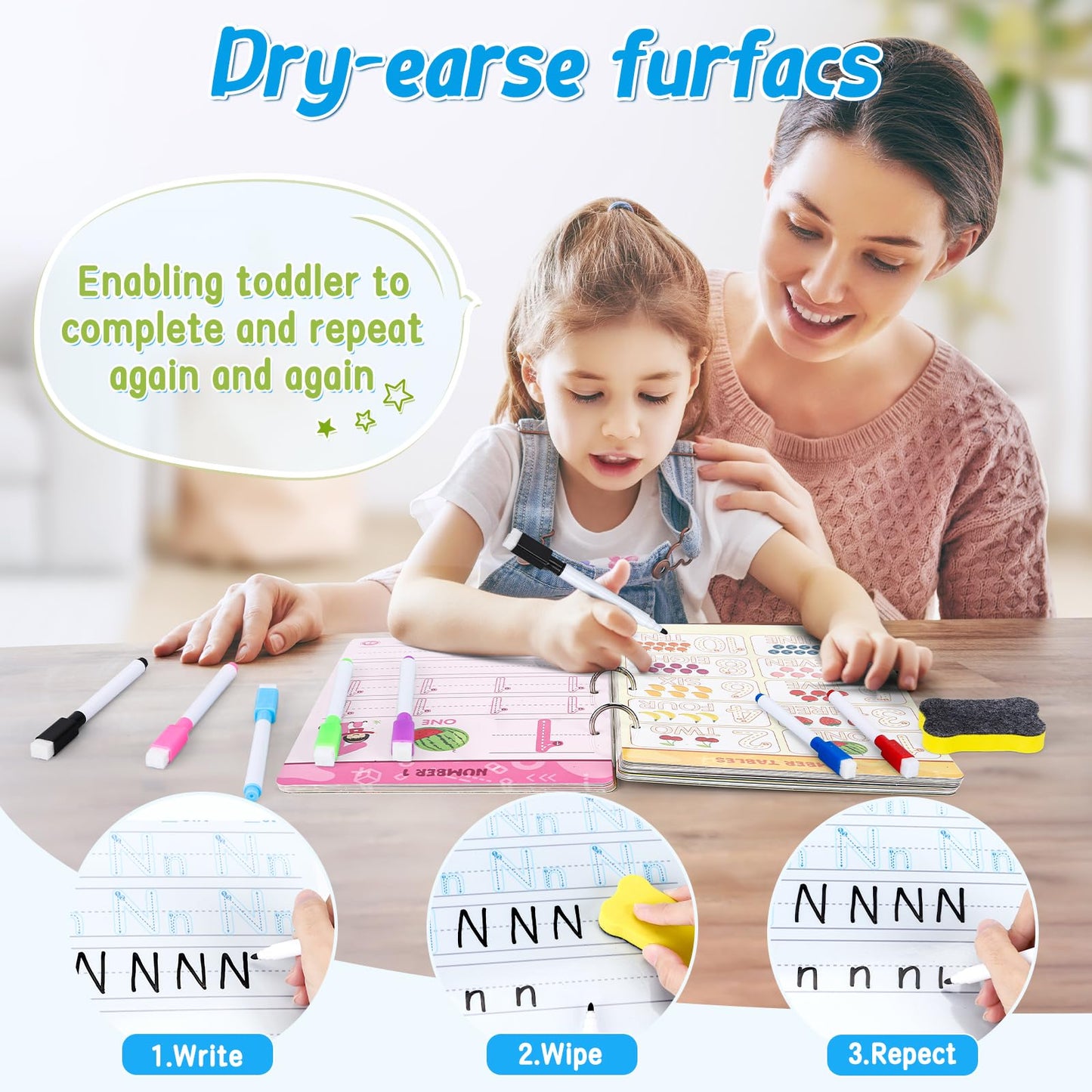 FIPKE Preschool Handwriting Practice Book, Toddlers Preschool Learning Activities with 60 Pages Reusable Magic Practice Copybook for Kids, Educational Montessori Toys for 3 4 5 6 Year Old